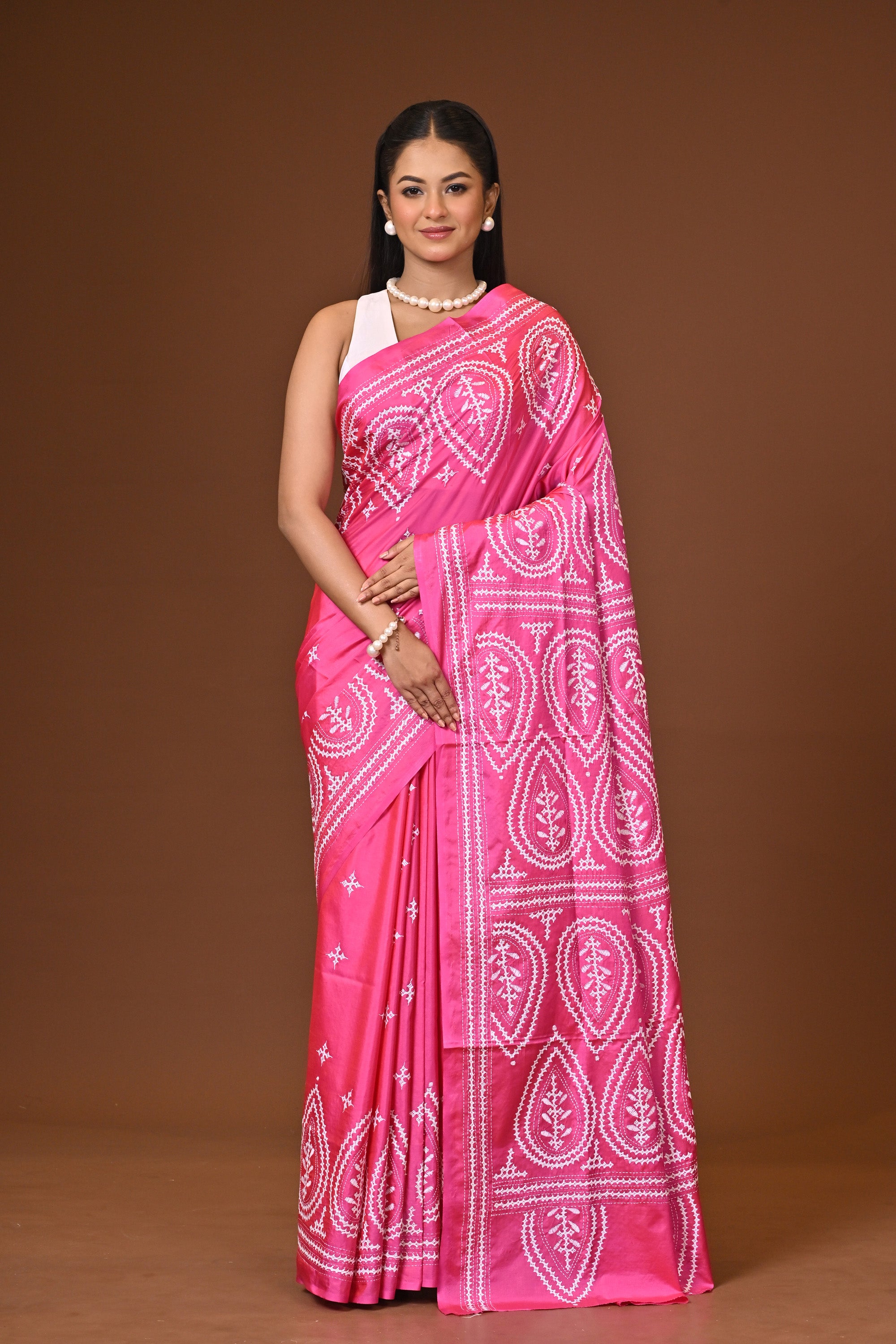 Blended Silk Kantha Stitch Saree Pink
