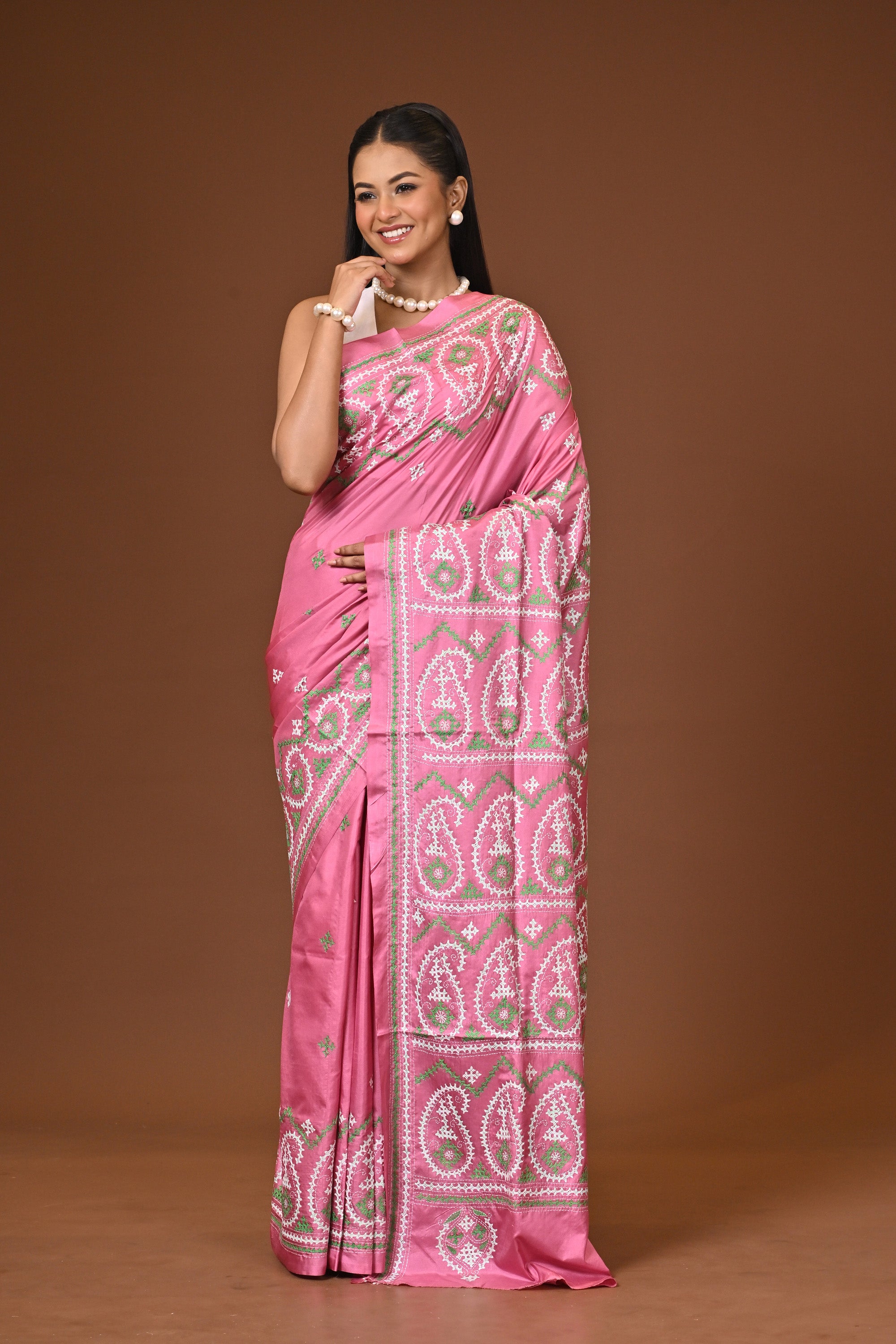 Blended Silk Kantha Stitch Saree Pink Thumbnail
