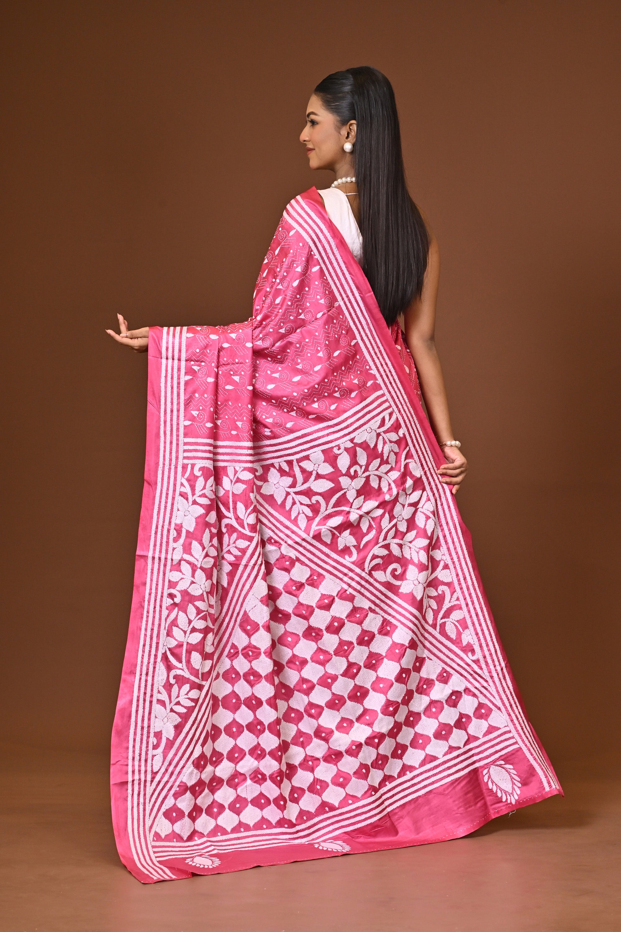Blended Silk Kantha Stitch Saree Pink Thumbnail