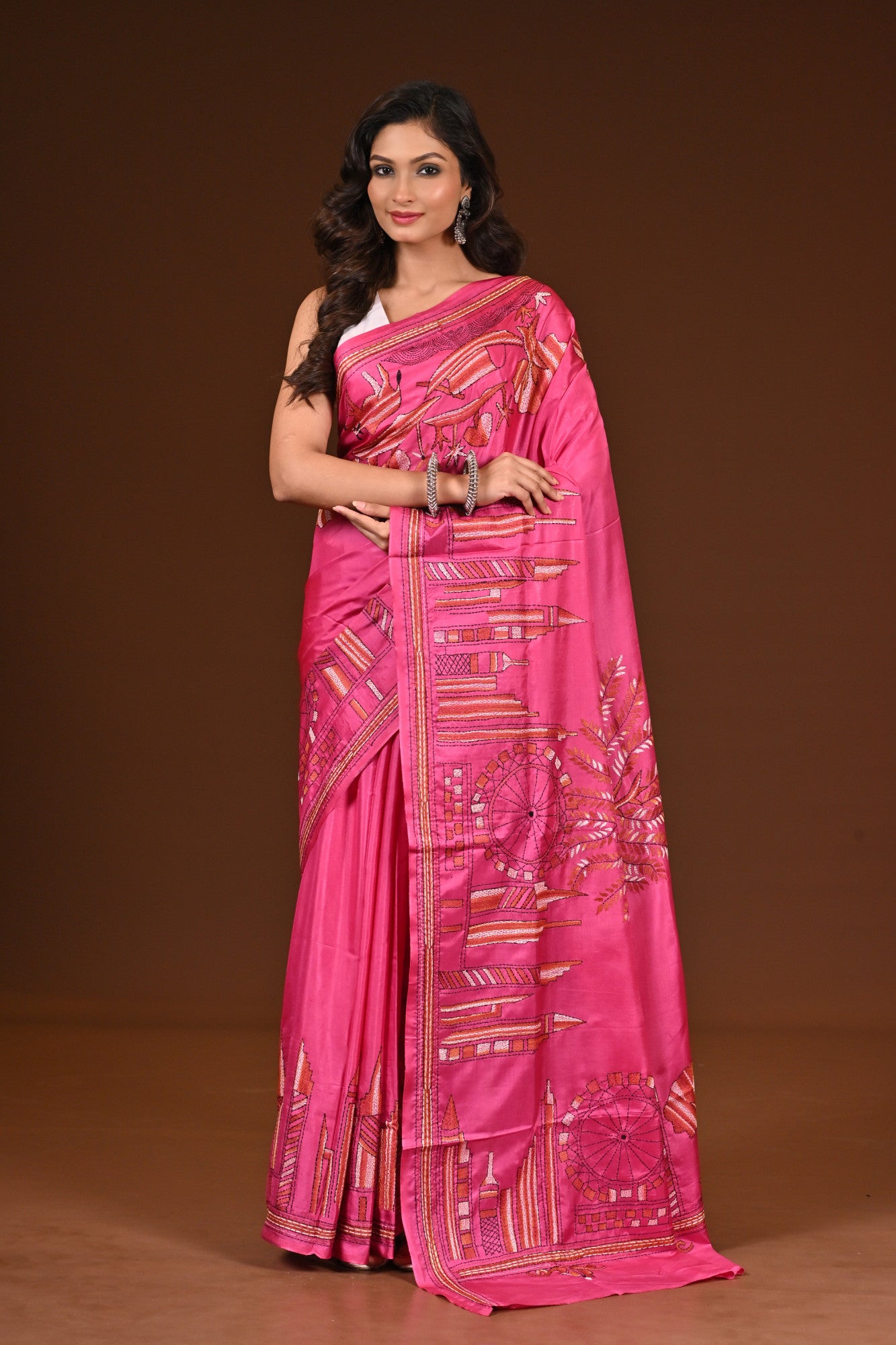 Blended Silk Kantha Stitch Saree Pink Thumbnail
