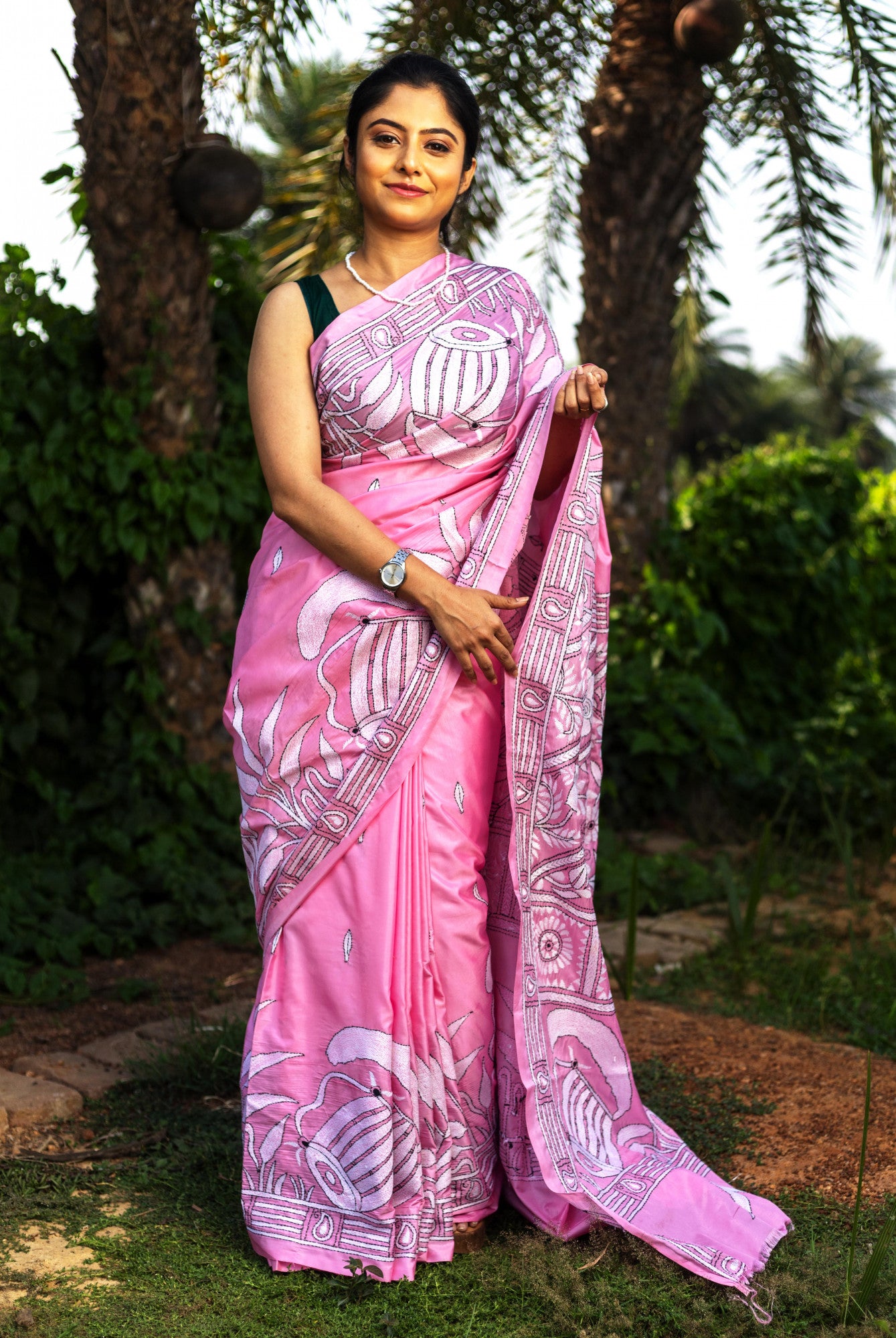 Blended Silk Kantha Stitch Saree Pink Thumbnail