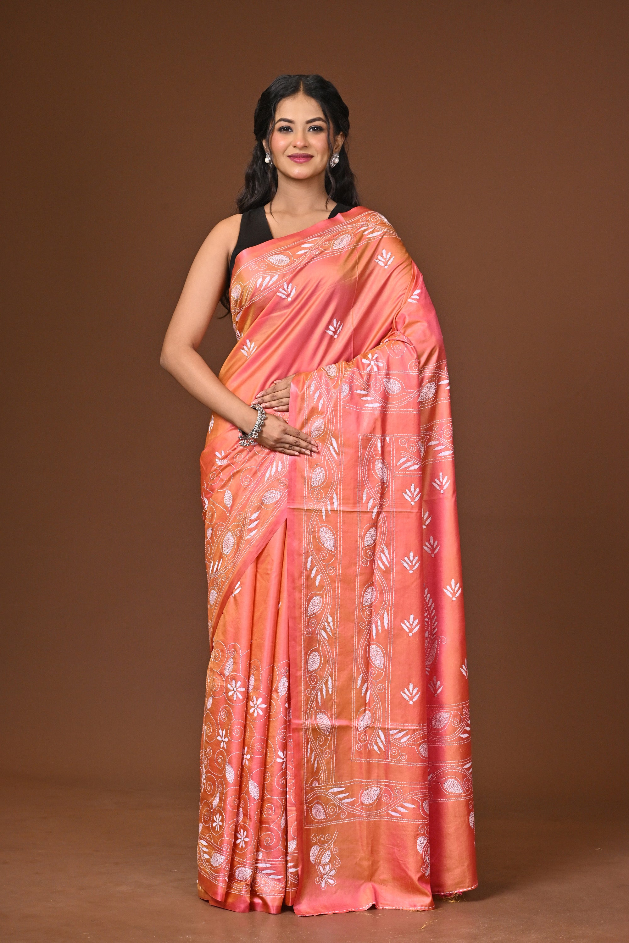 Blended Silk Kantha Stitch Saree Pink