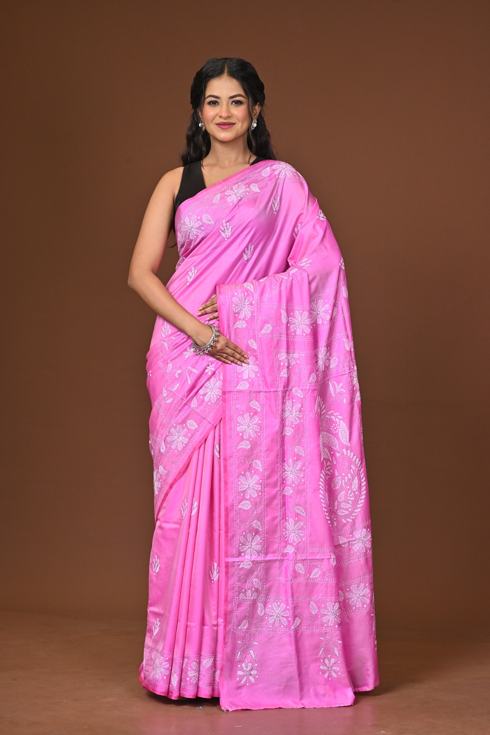 Blended Silk Kantha Stitch Saree Pink Thumbnail