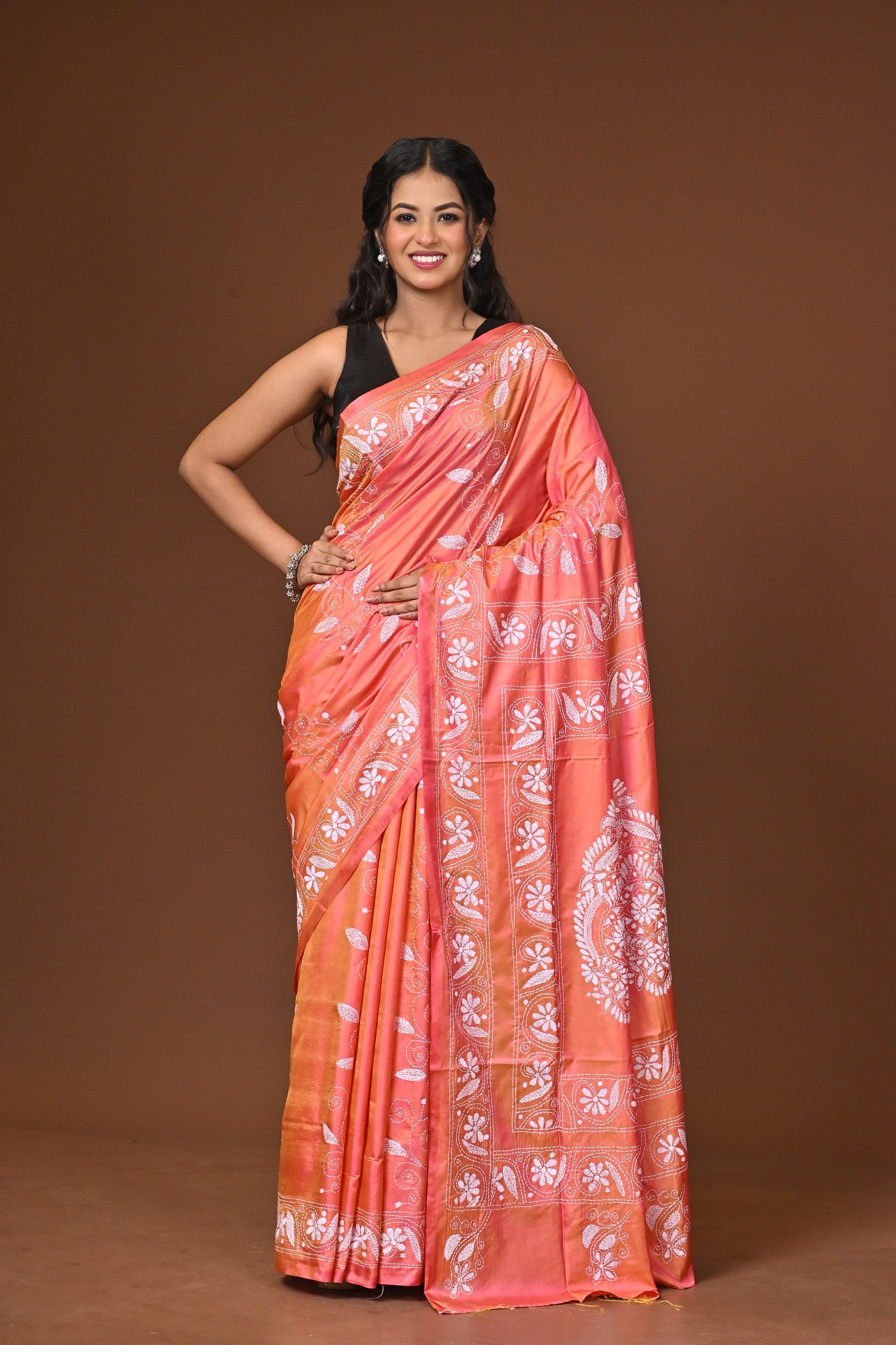 Blended Silk Kantha Stitch Saree Pink Thumbnail