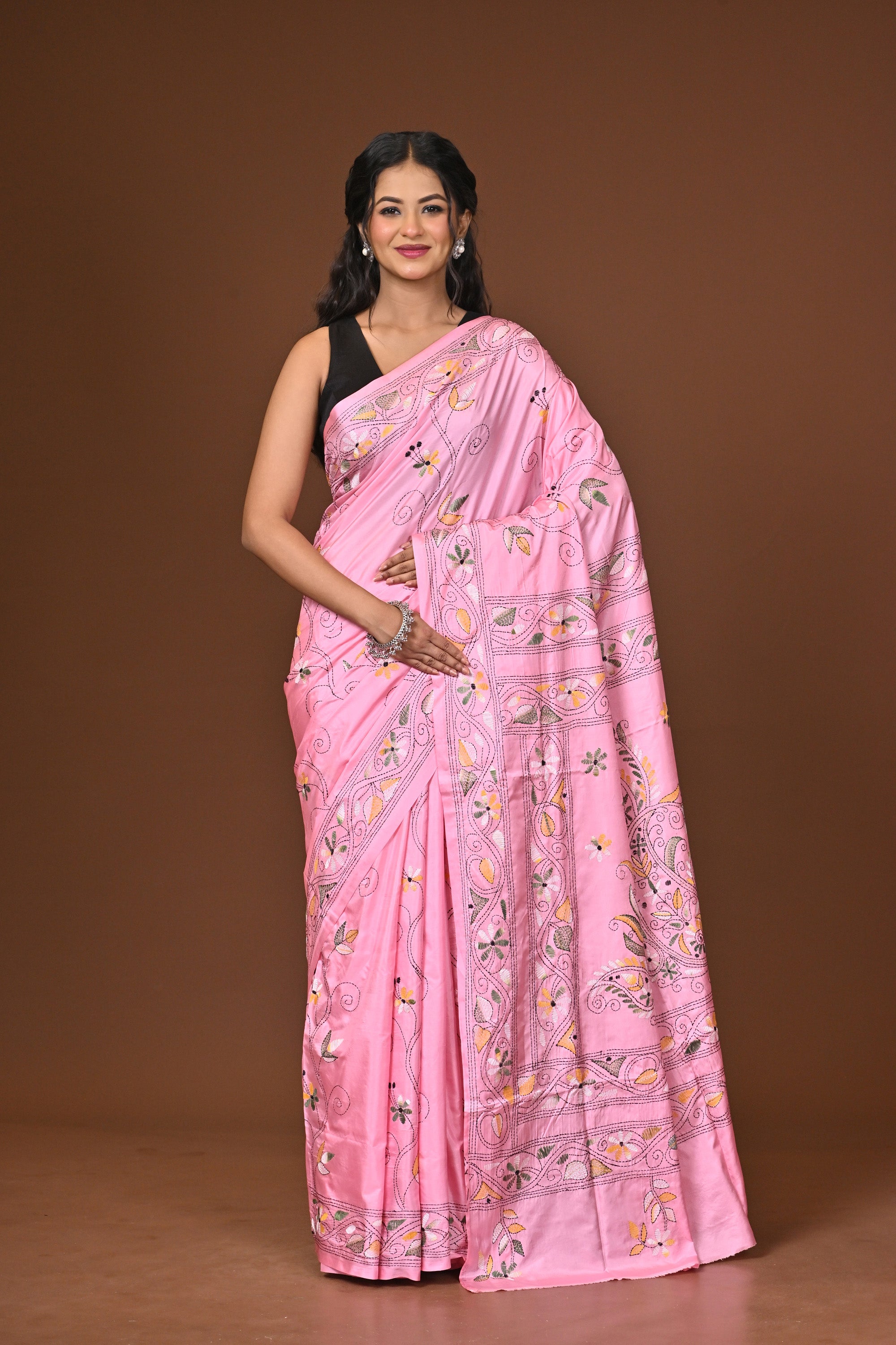 Blended Silk Kantha Stitch Saree Pink Thumbnail