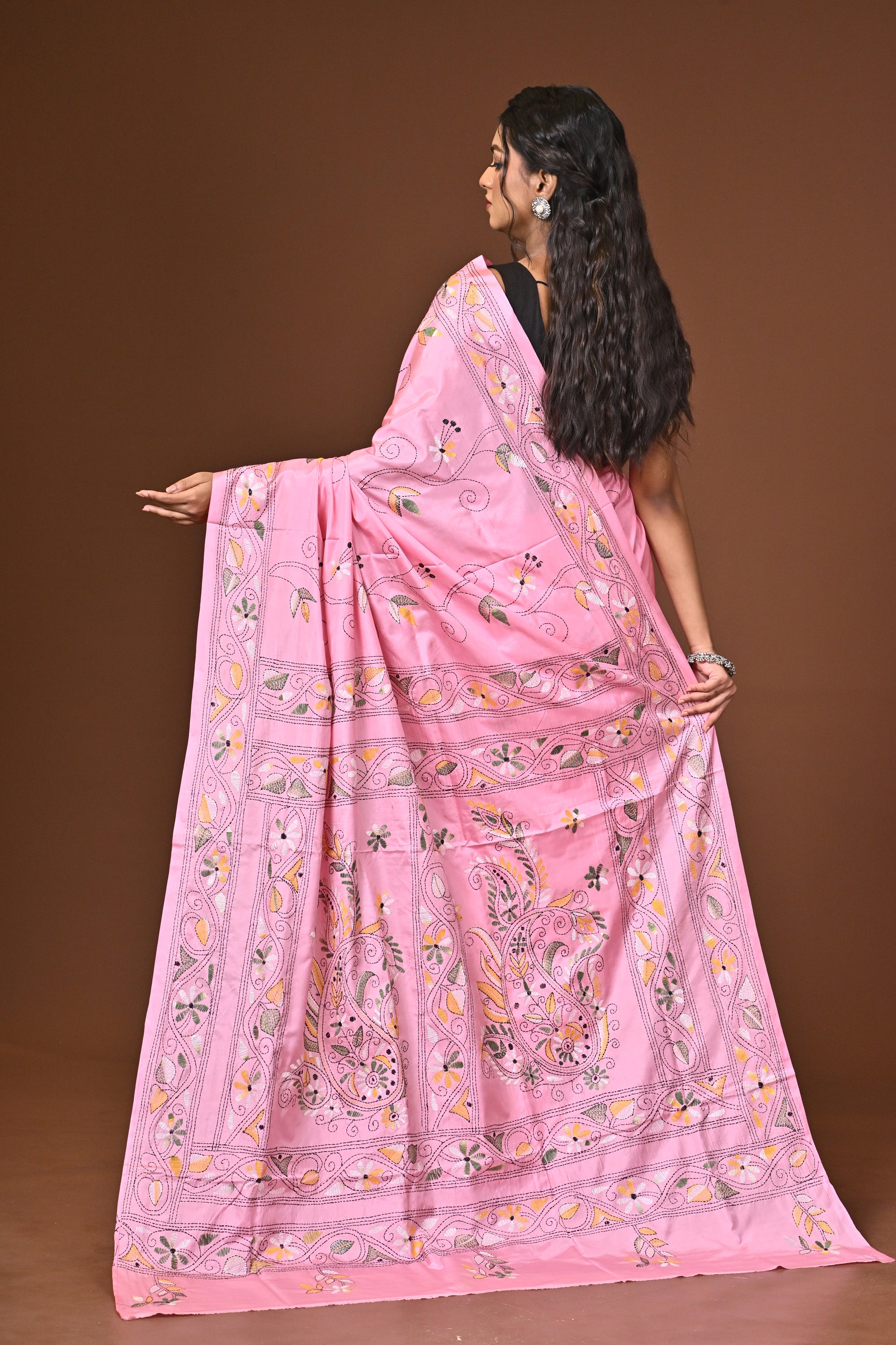 Blended Silk Kantha Stitch Saree Pink Thumbnail