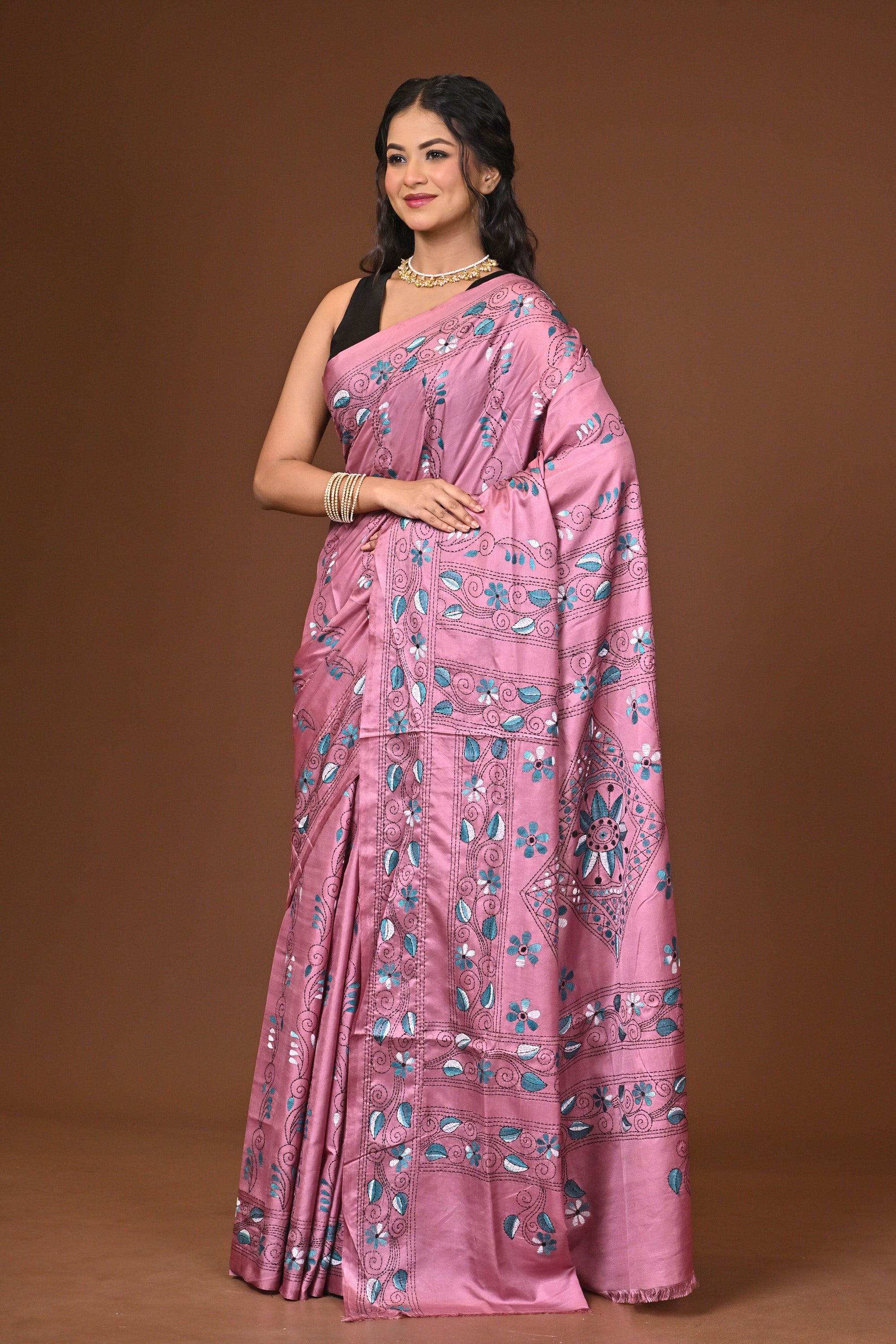 Blended Silk Kantha Stitch Saree Pink Thumbnail