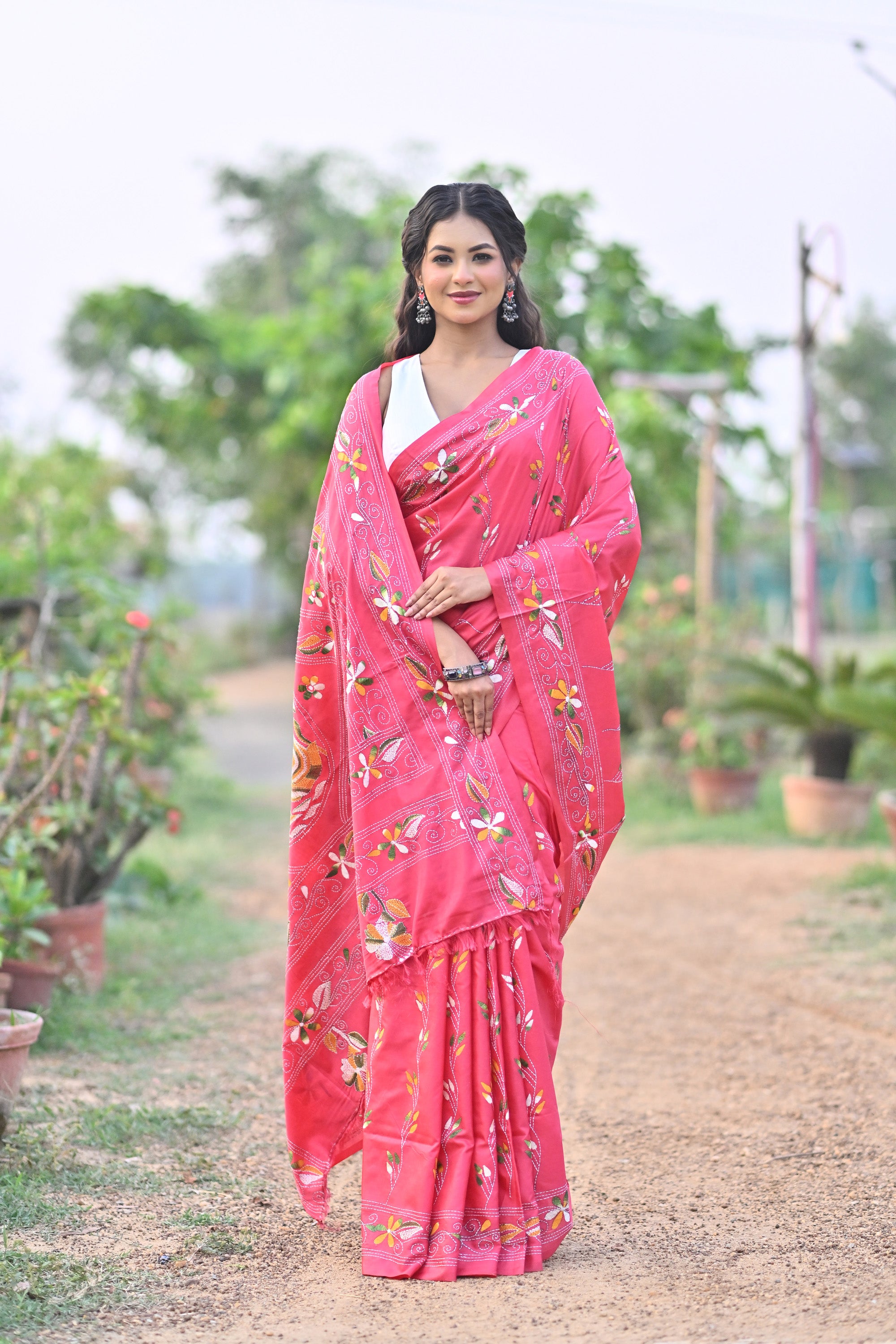 Blended Silk Kantha Stitch Saree Pink Thumbnail