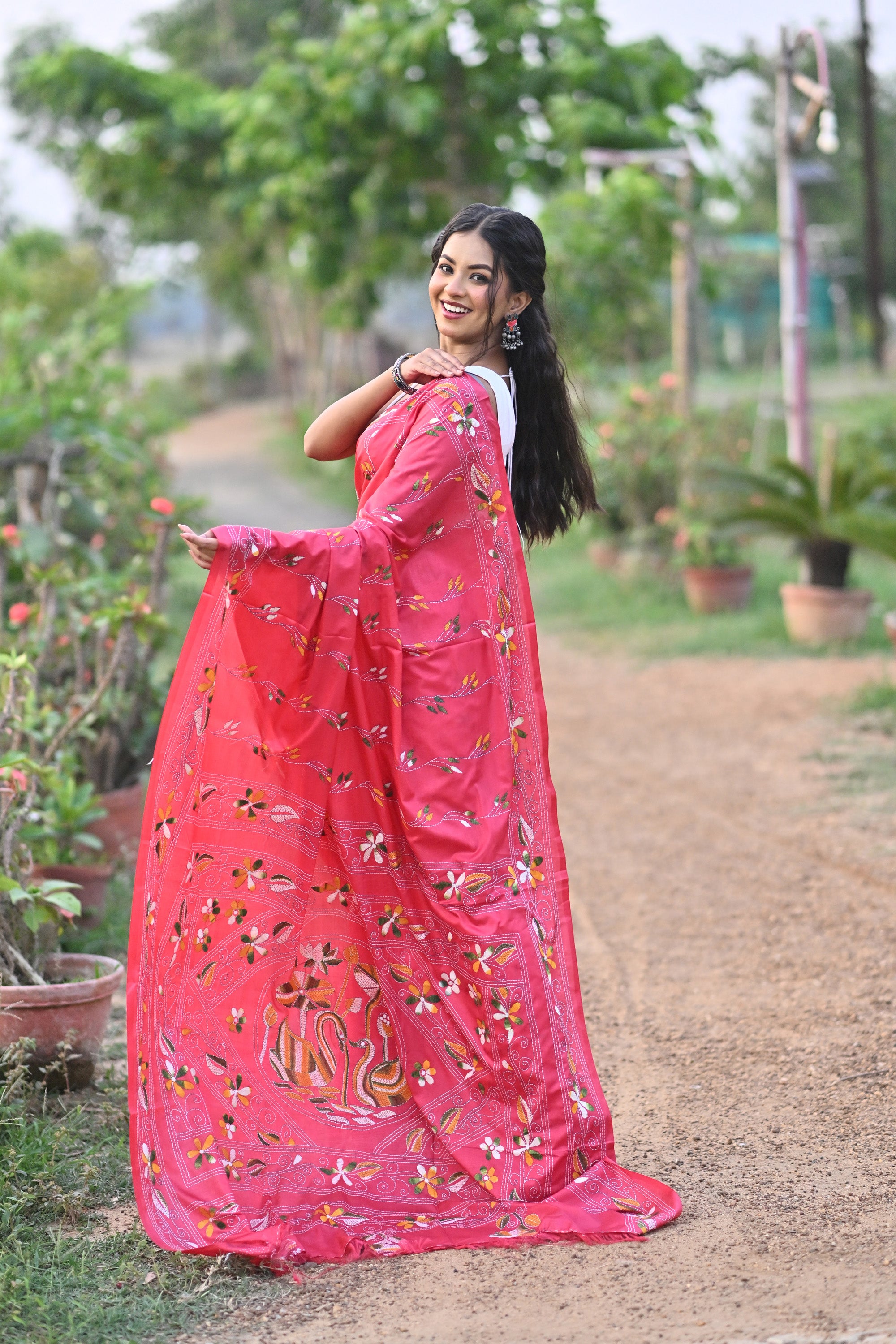 Blended Silk Kantha Stitch Saree Pink Thumbnail
