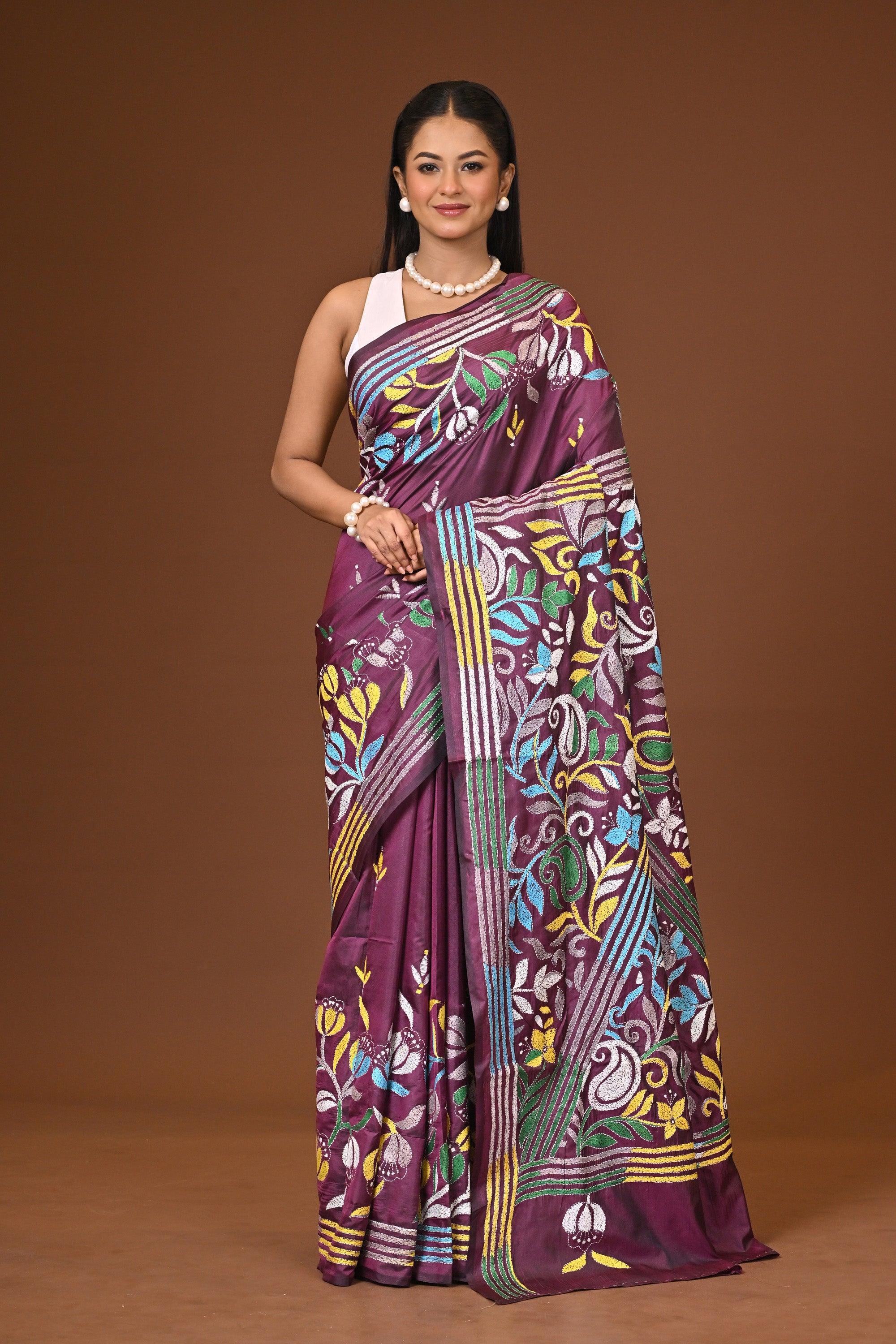Blended Silk Kantha Stitch Saree Light Orange