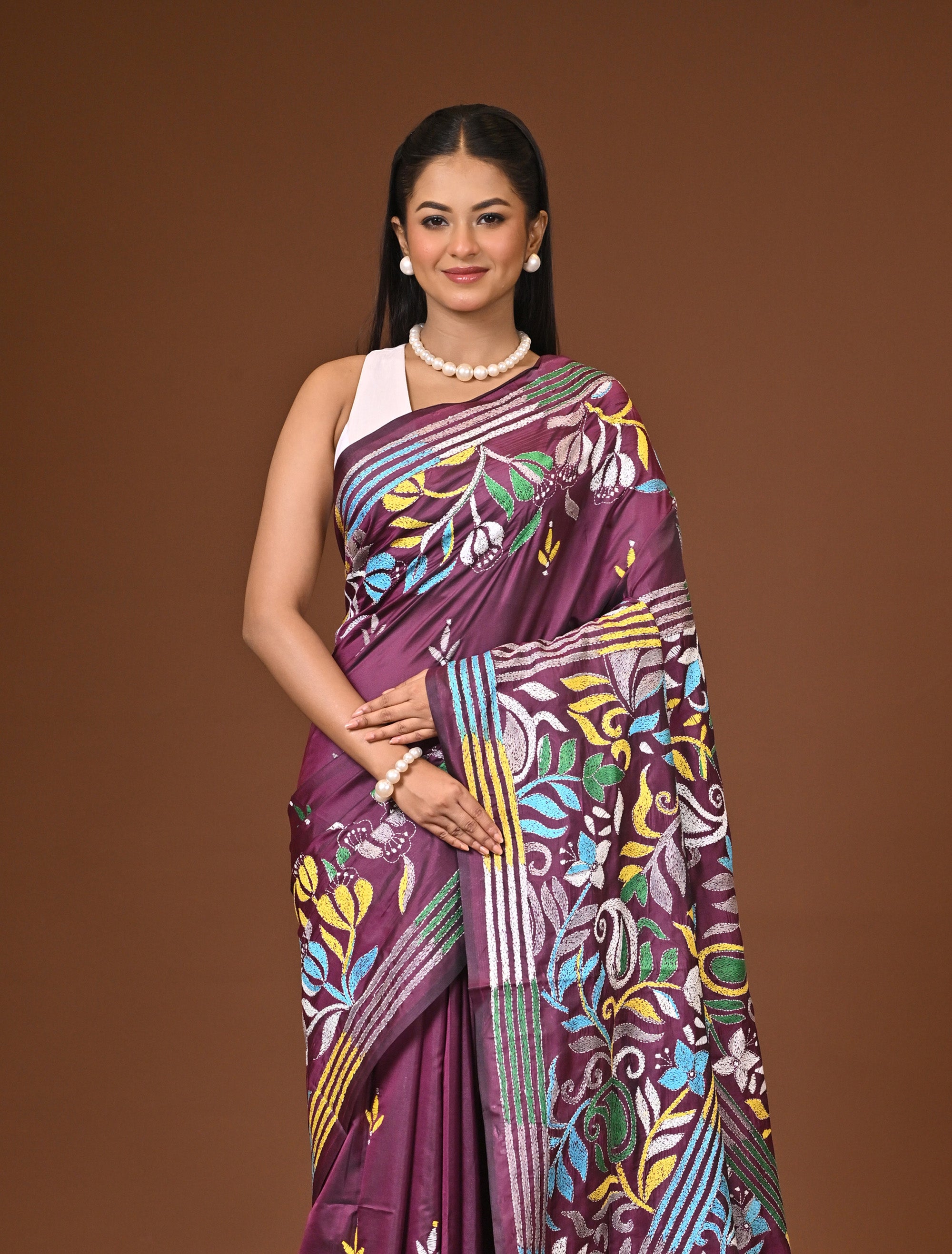 Blended Silk Kantha Stitch Saree Purple Thumbnail