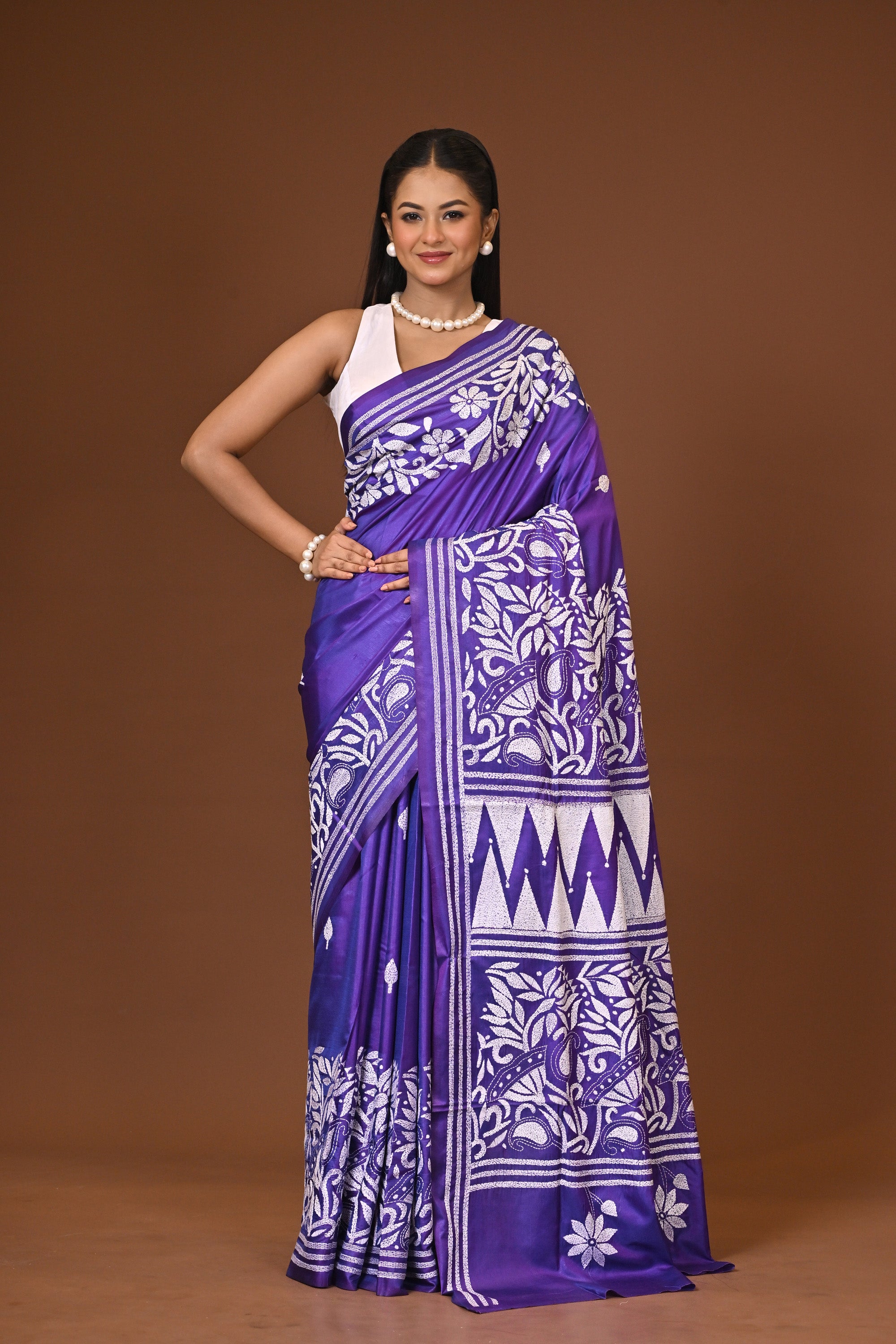 Blended Silk Kantha Stitch Saree Purple Thumbnail