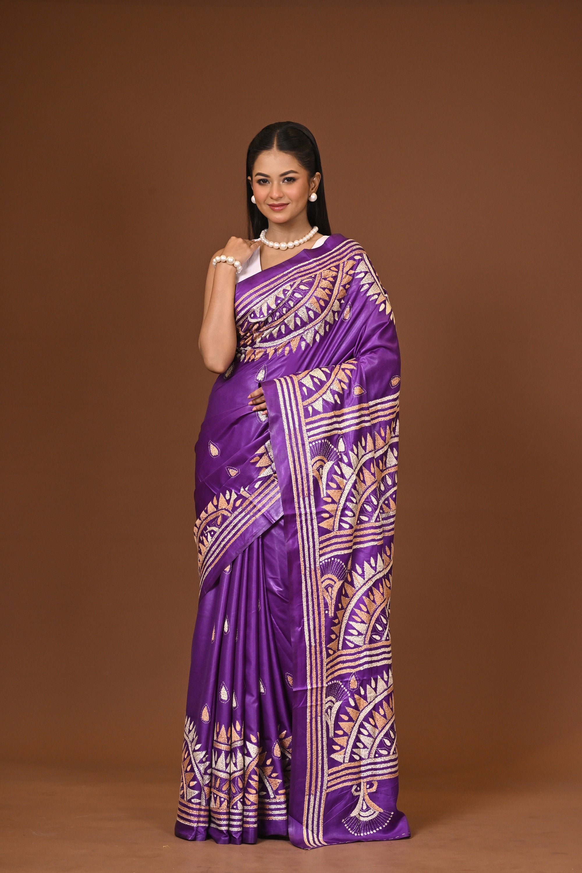 Blended Silk Kantha Stitch Saree Purple Thumbnail