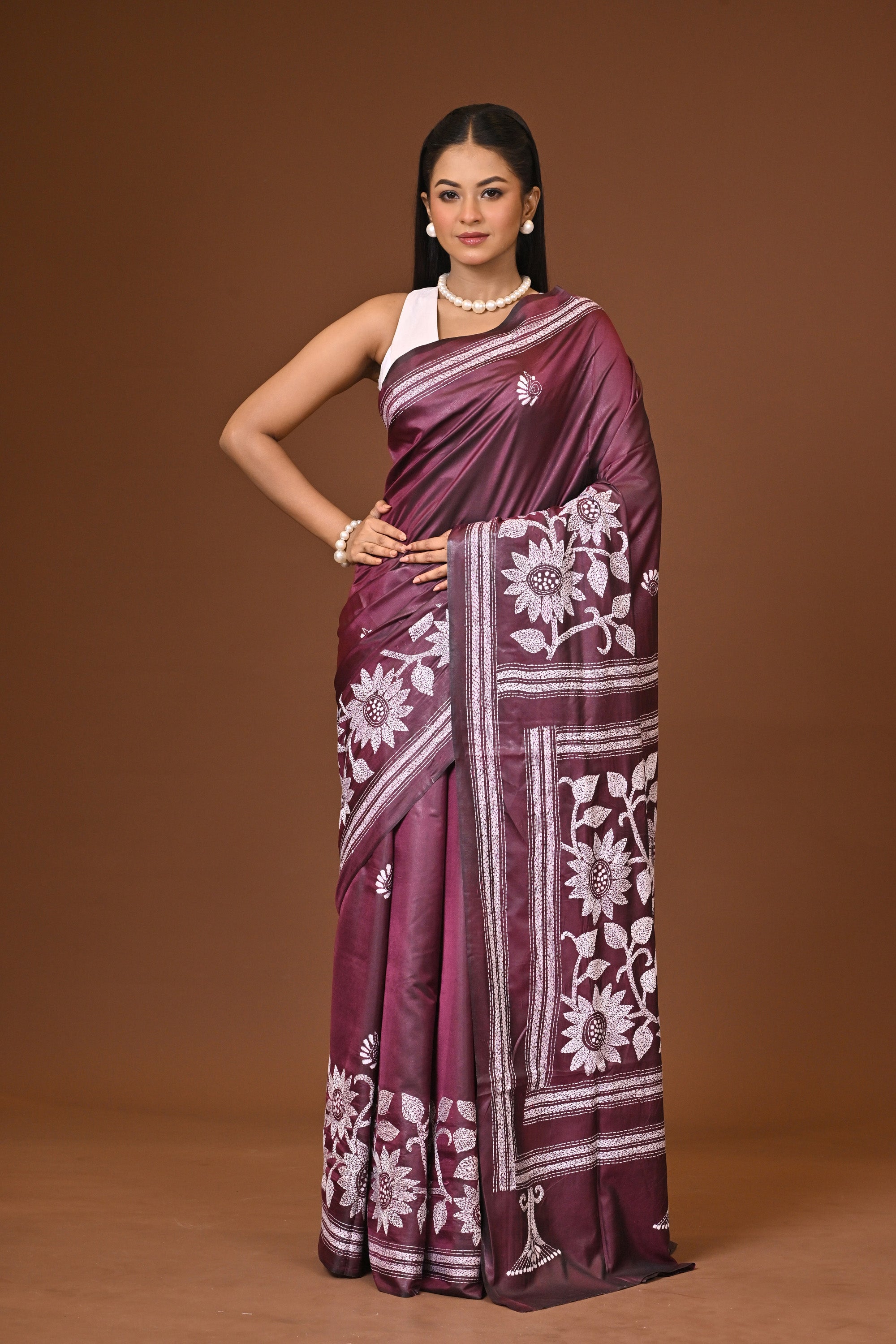 Blended Silk Kantha Stitch Saree Purple Thumbnail