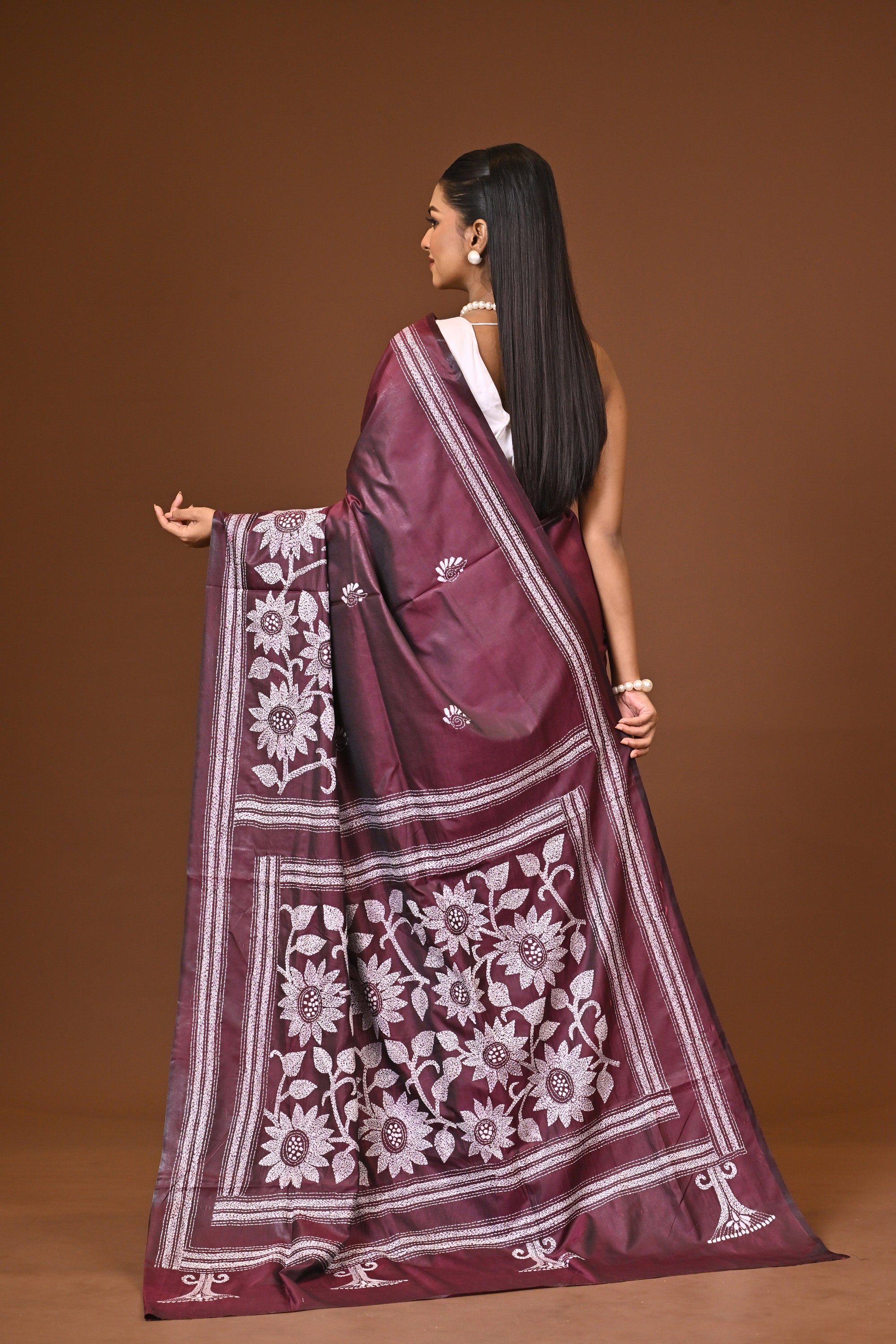 Blended Silk Kantha Stitch Saree Purple Thumbnail