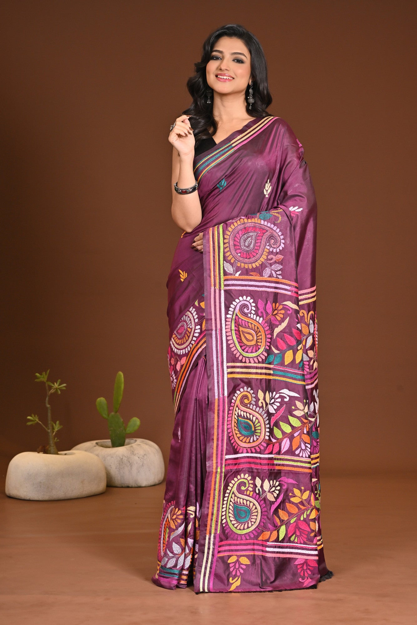 Blended Silk Kantha Stitch Saree Purple