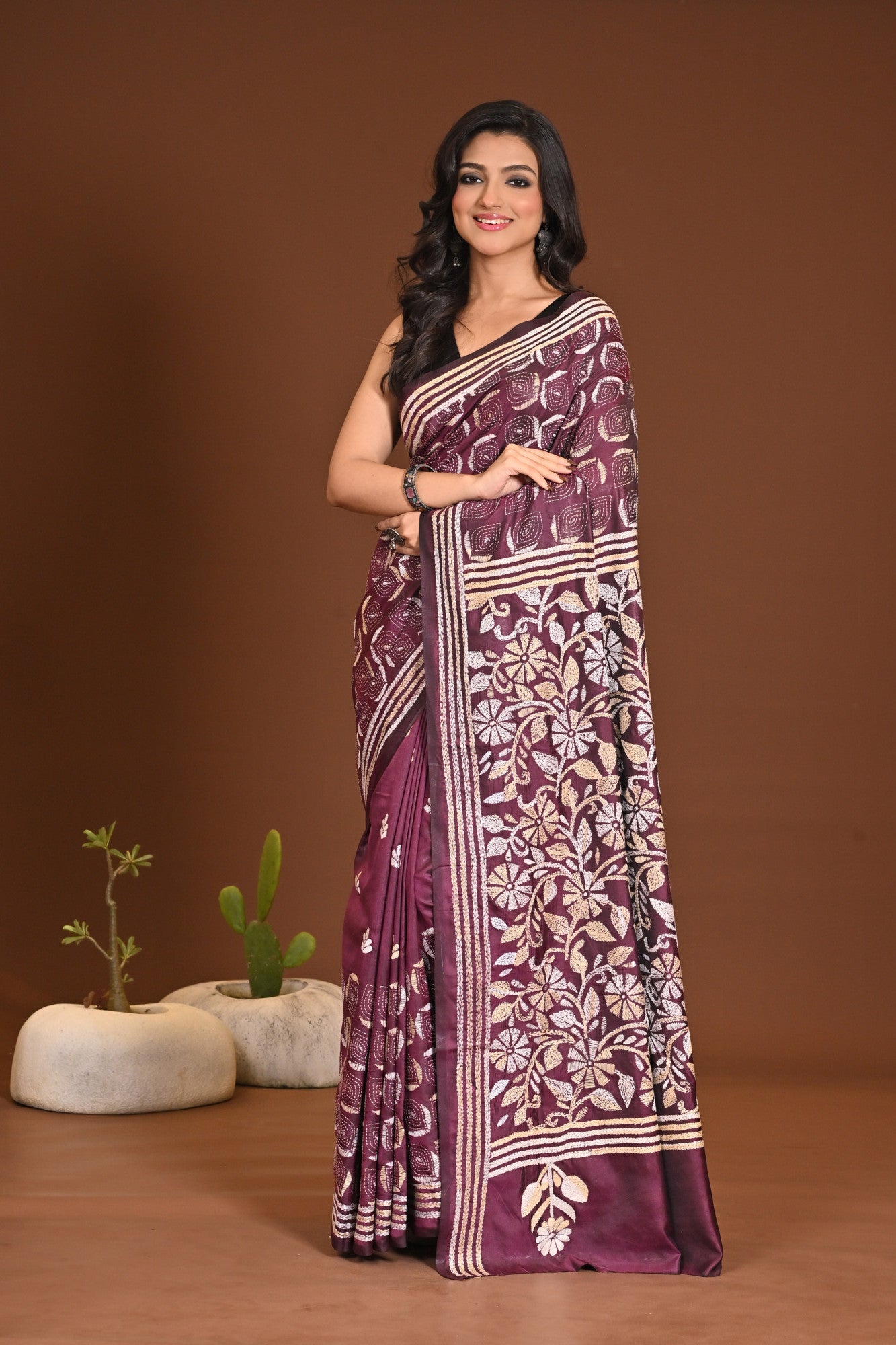 Blended Silk Kantha Stitch Saree Purple