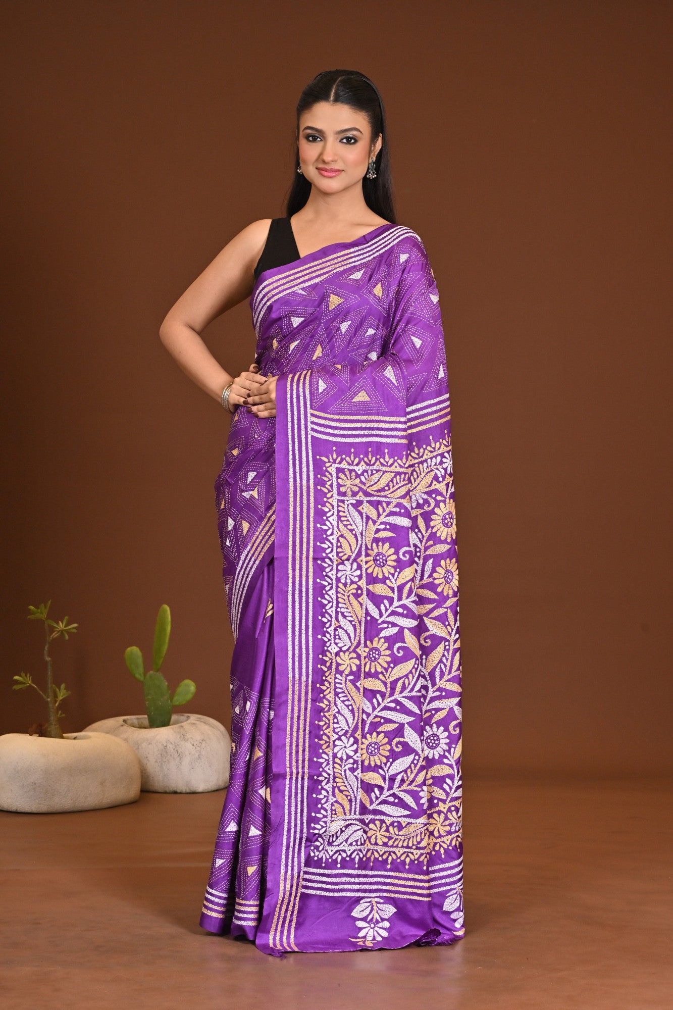 Blended Silk Kantha Stitch Saree Purple Thumbnail