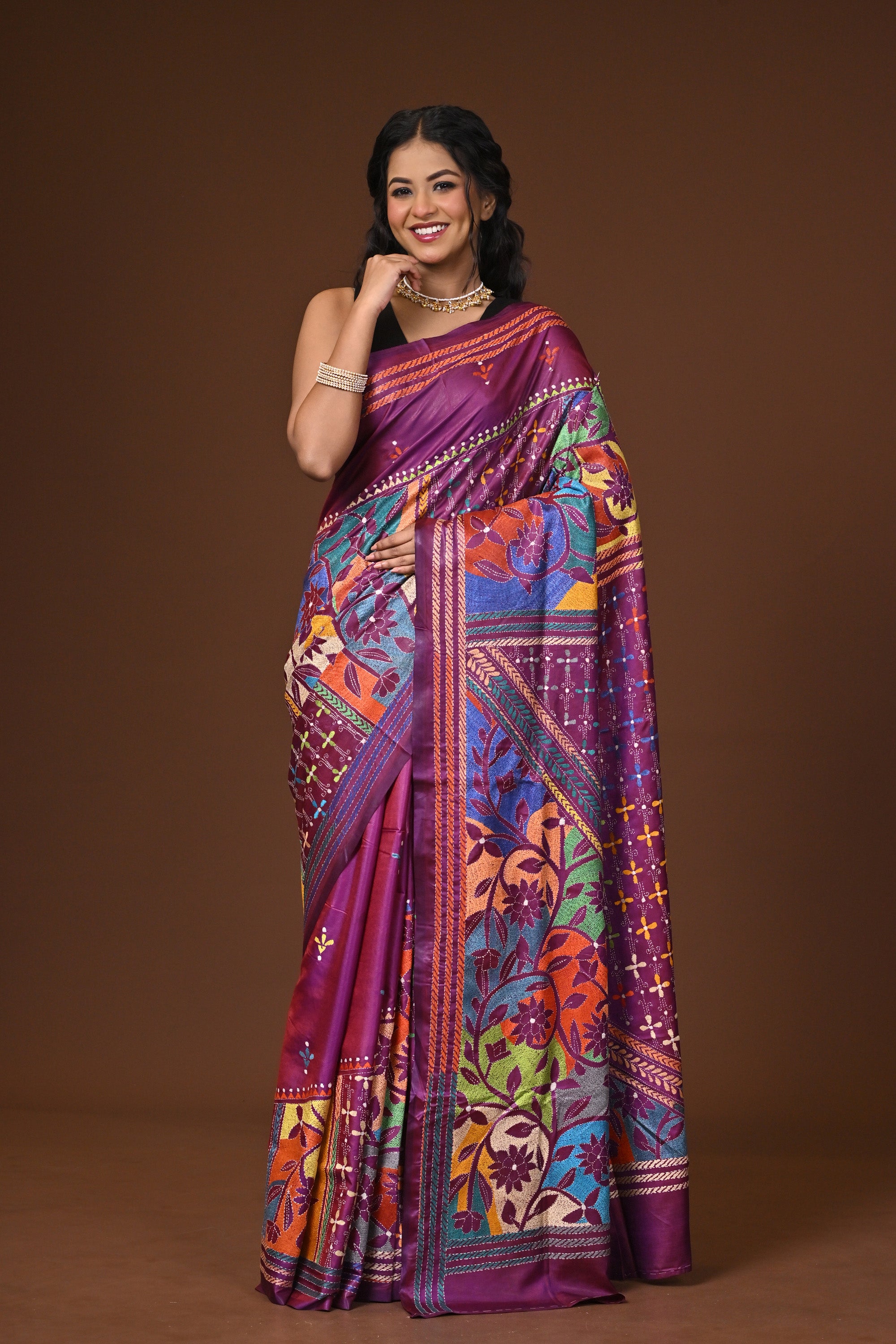 Blended Silk Kantha Stitch Saree Purple Thumbnail