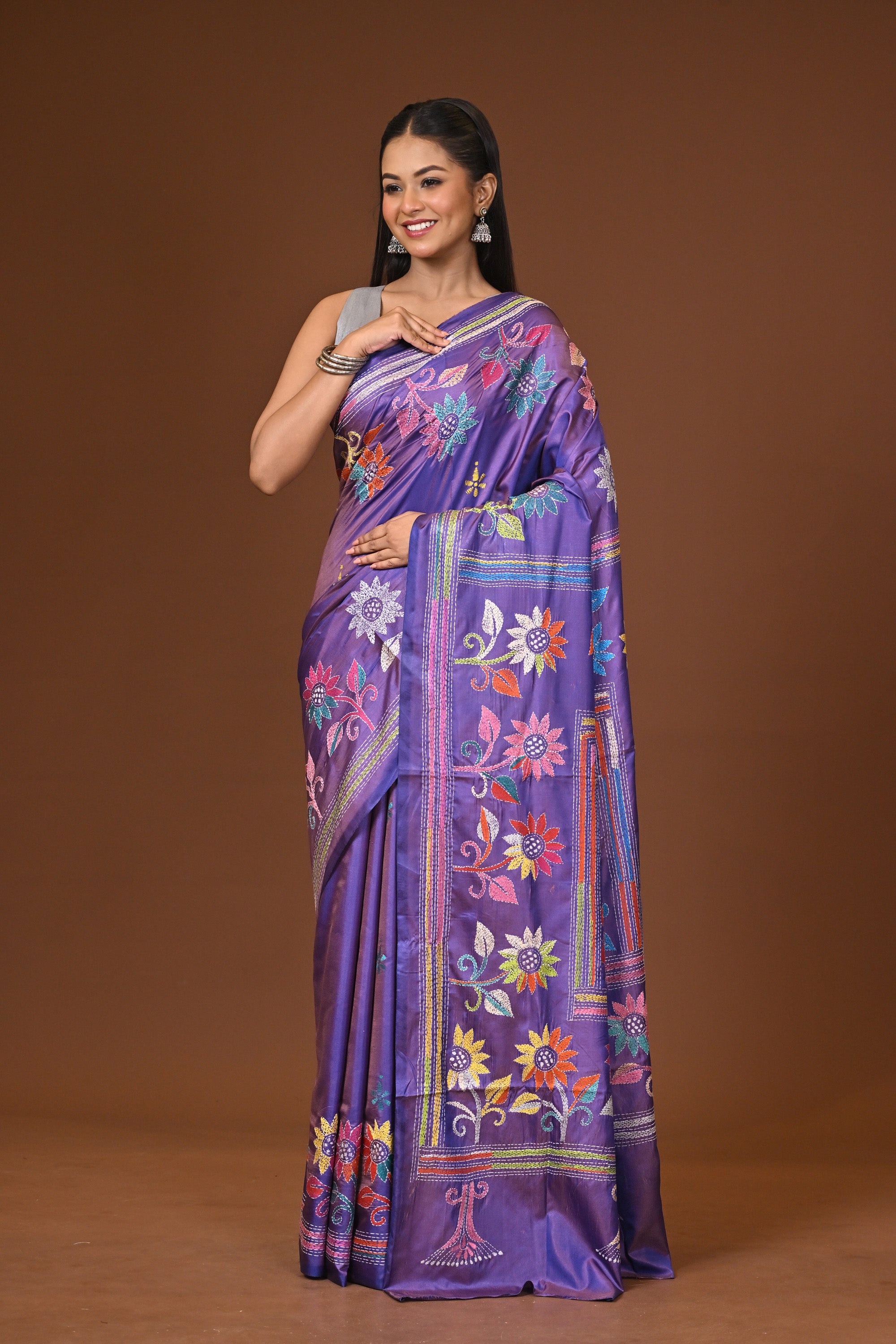 Blended Silk Kantha Stitch Saree Purple Thumbnail