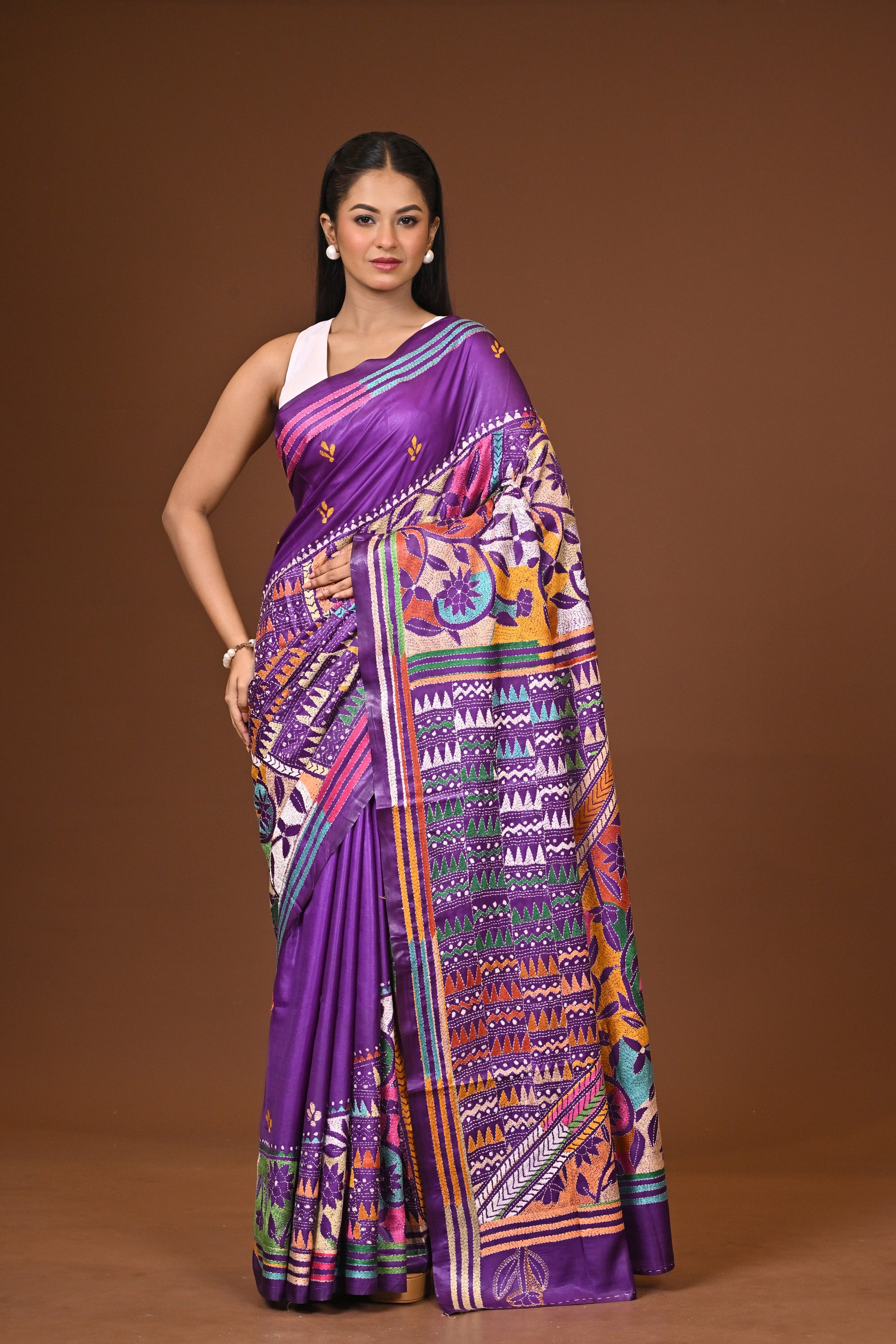 Blended Silk Kantha Stitch Saree Purple Thumbnail