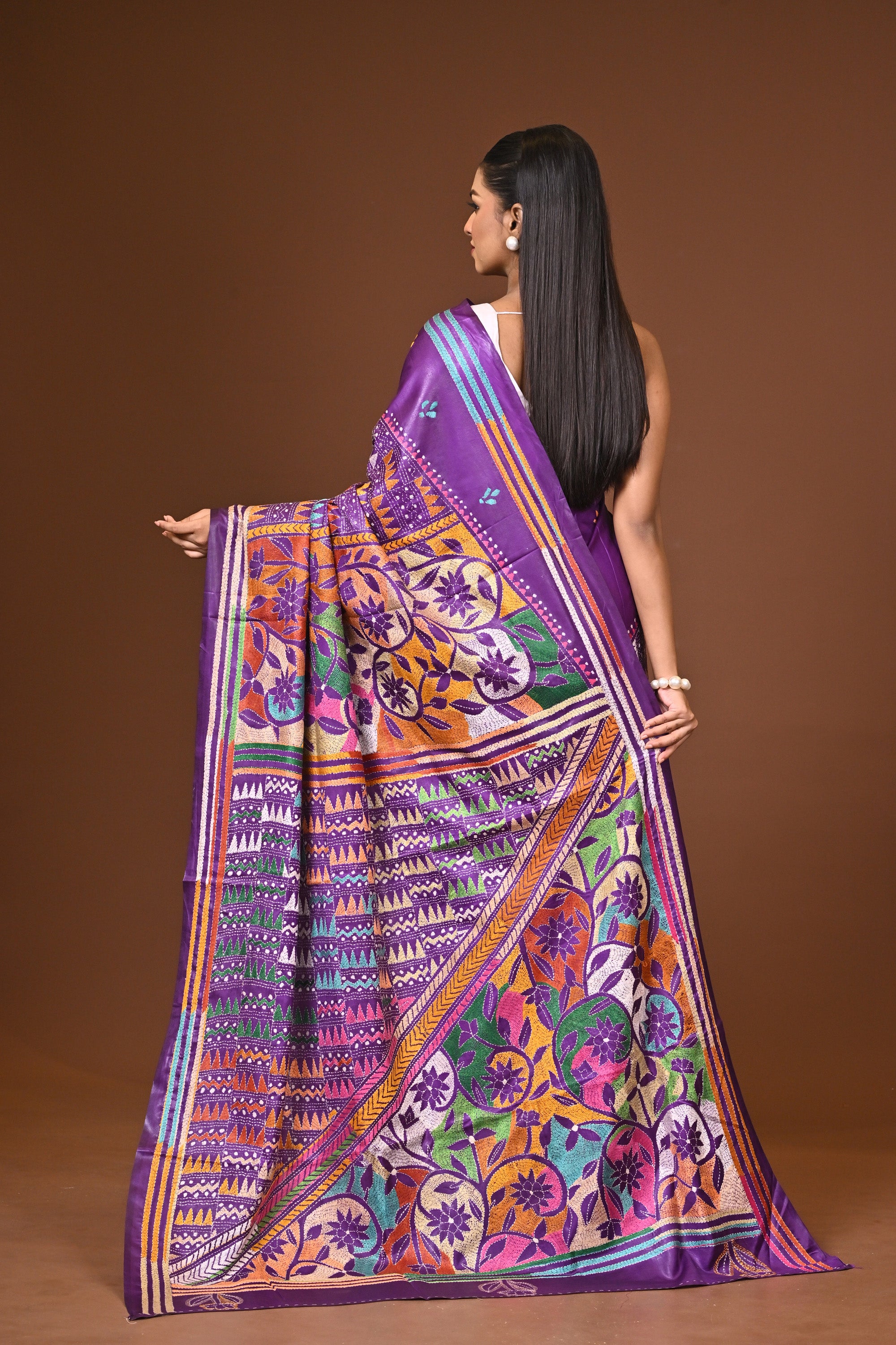 Blended Silk Kantha Stitch Saree Purple Thumbnail