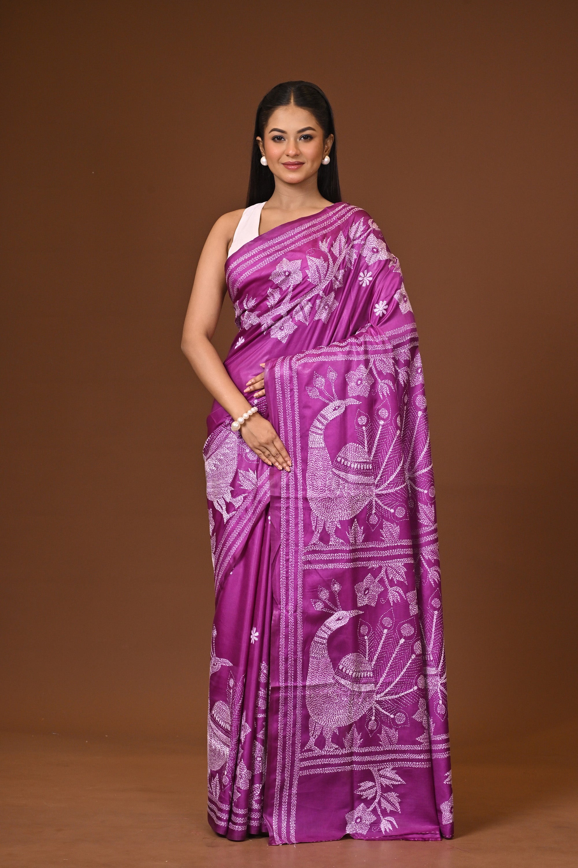 Blended Silk Kantha Stitch Saree Purple