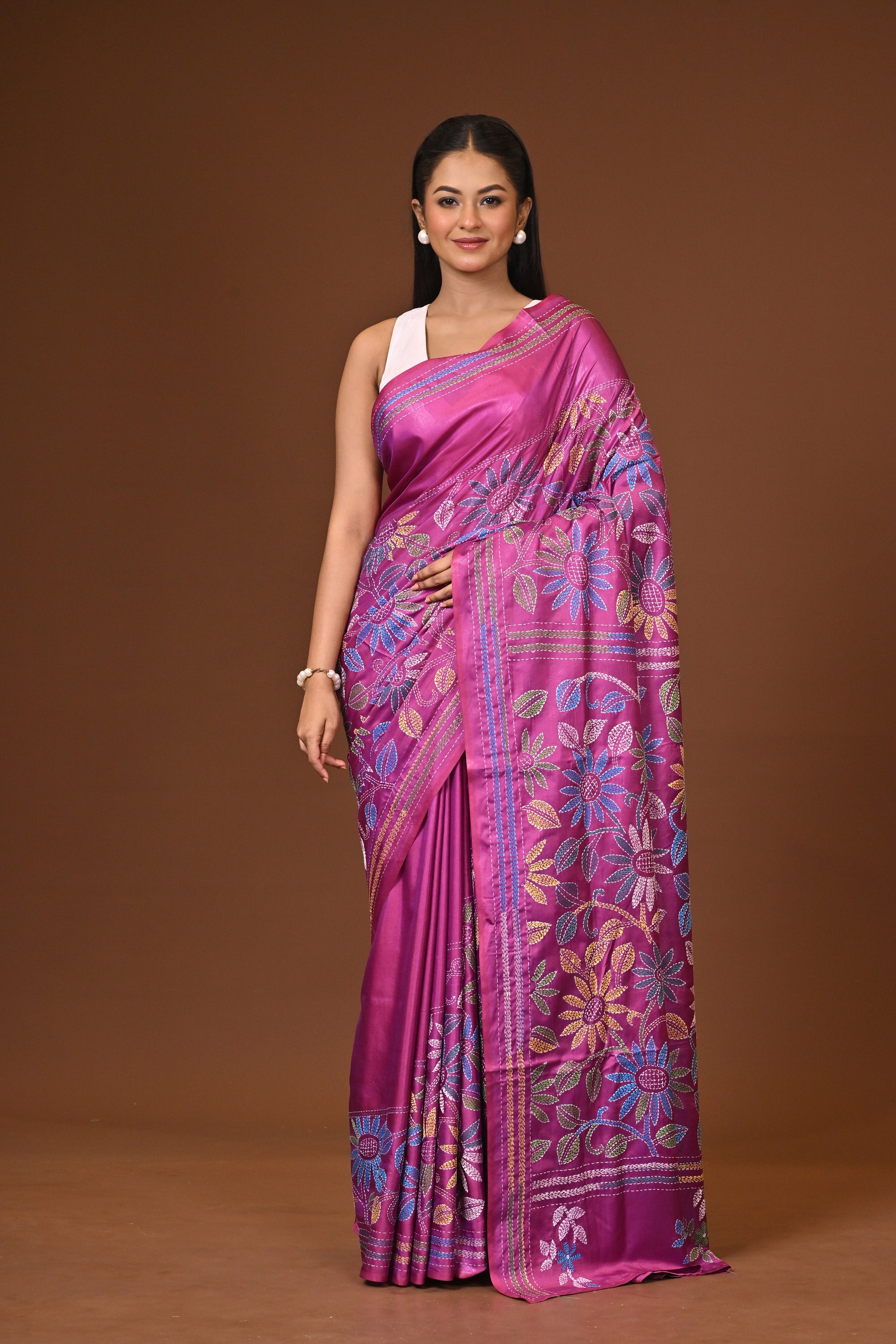Blended Silk Kantha Stitch Saree Purple