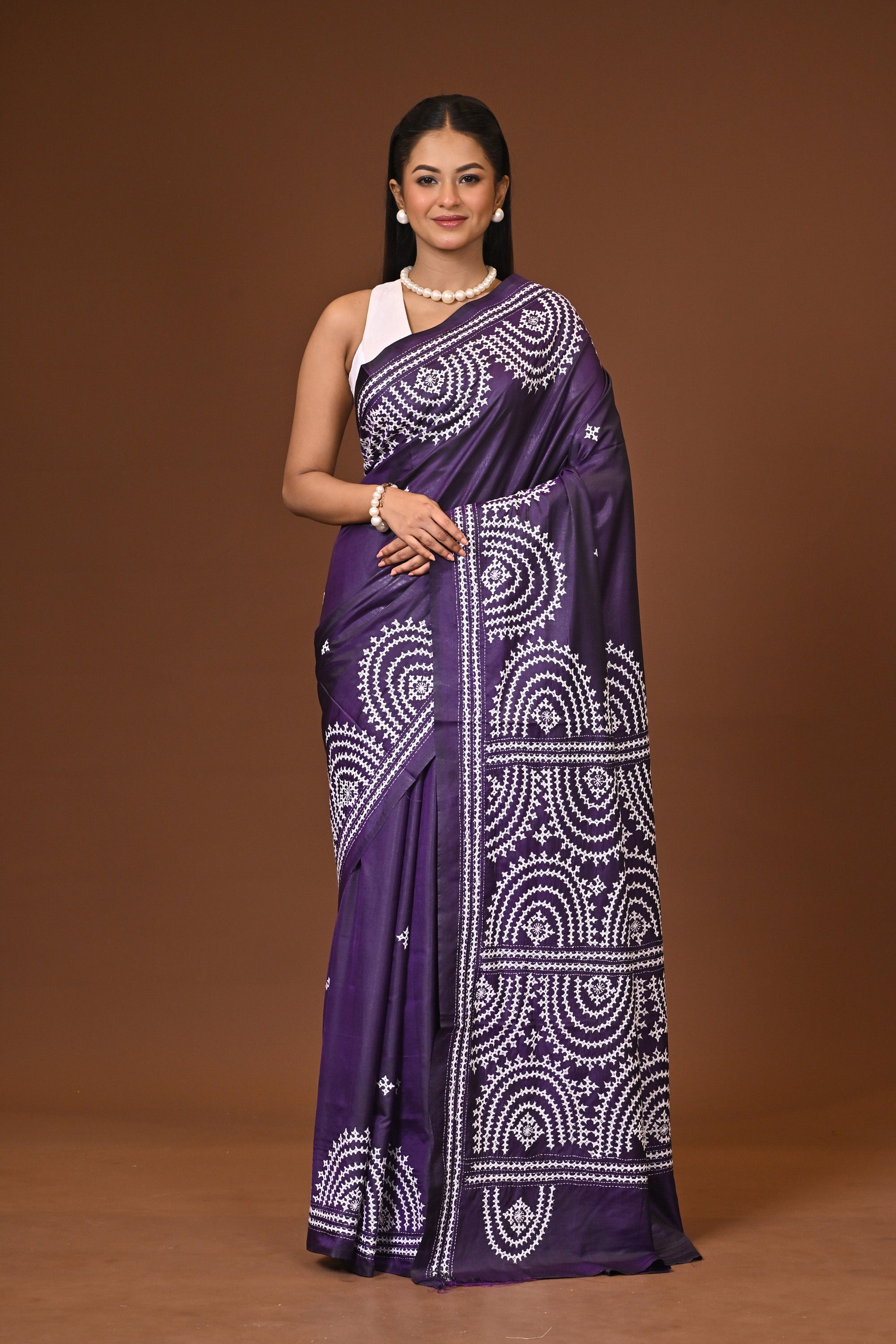 Blended Silk Kantha Stitch Saree Purple