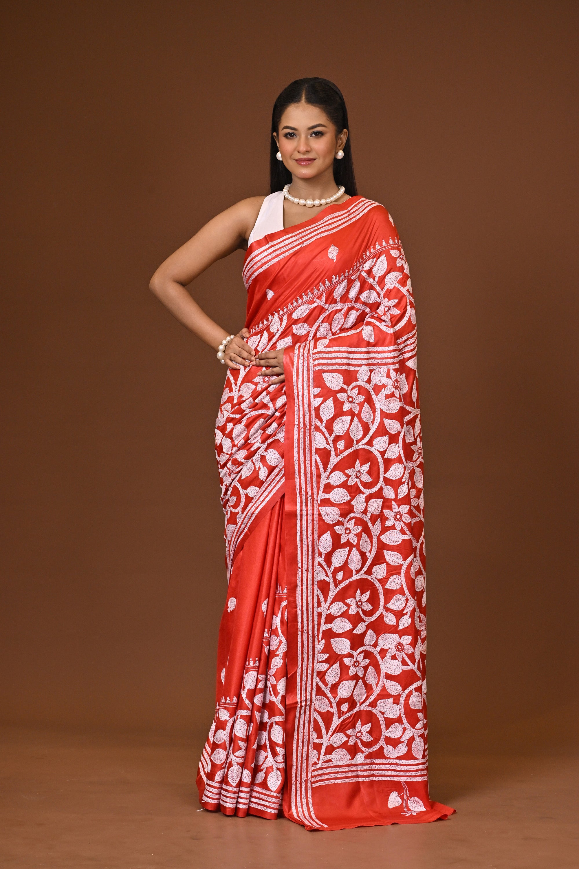 Blended Silk Kantha Stitch Saree Red Thumbnail