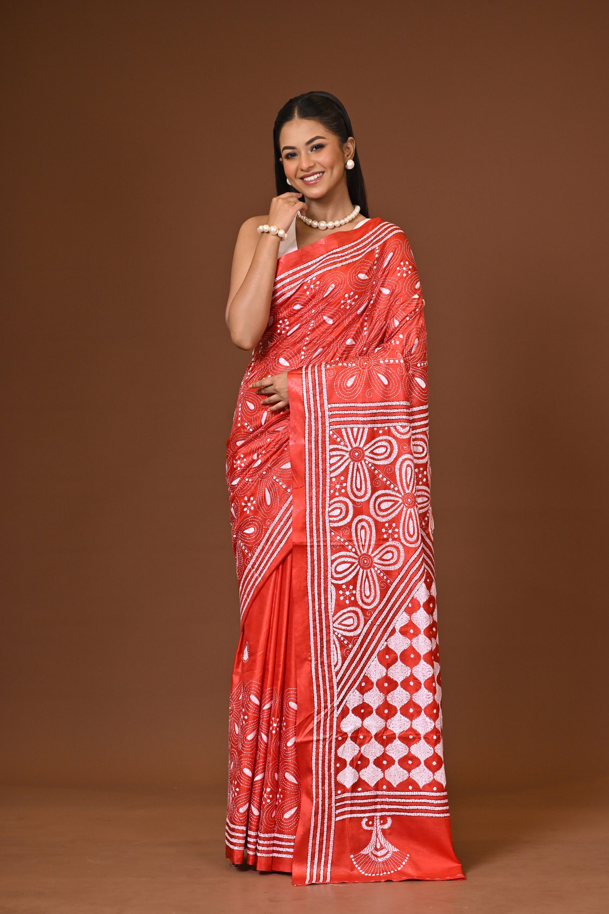 Blended Silk Kantha Stitch Saree Red Thumbnail
