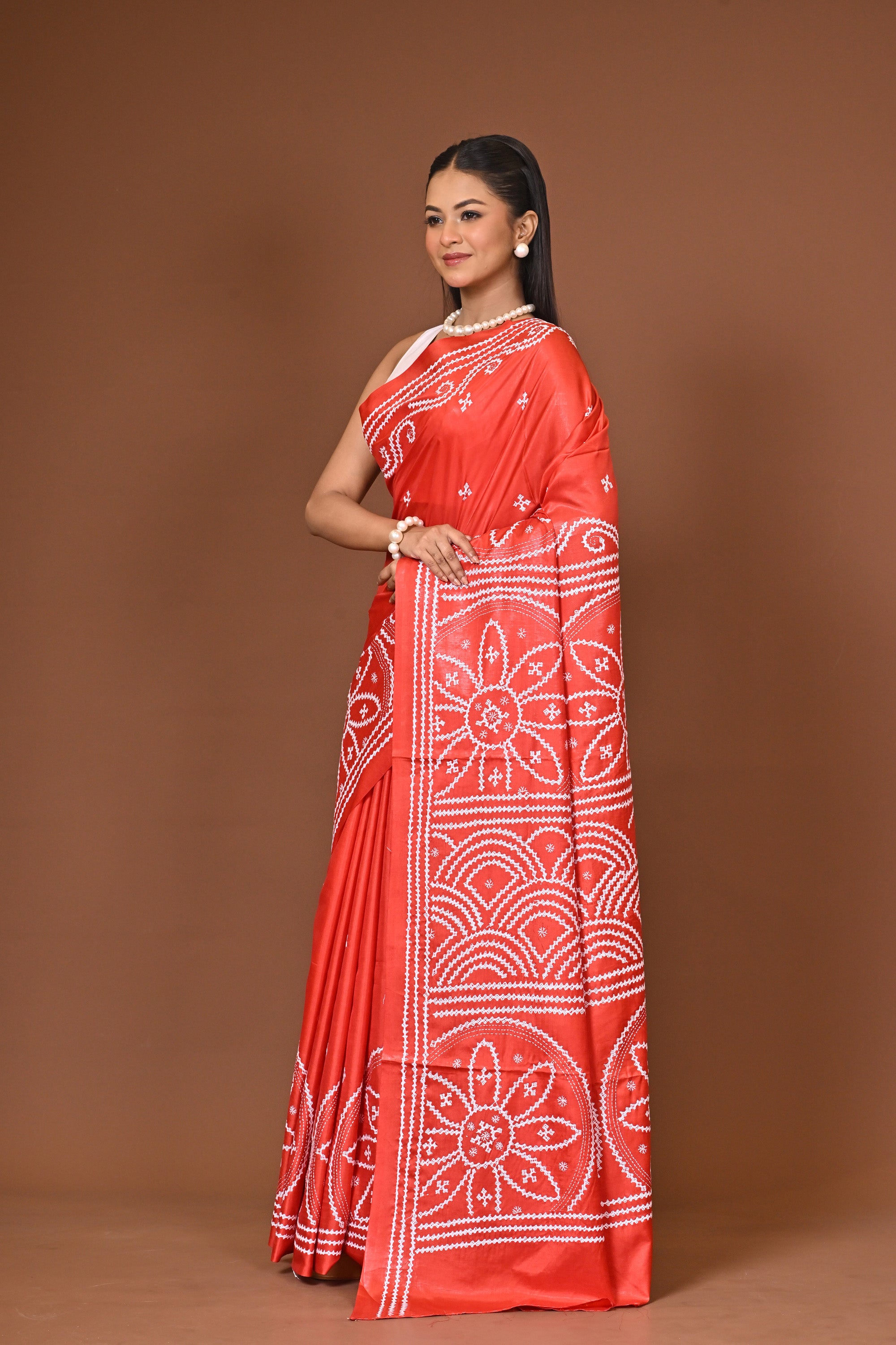 Blended Silk Kantha Stitch Saree Red Thumbnail