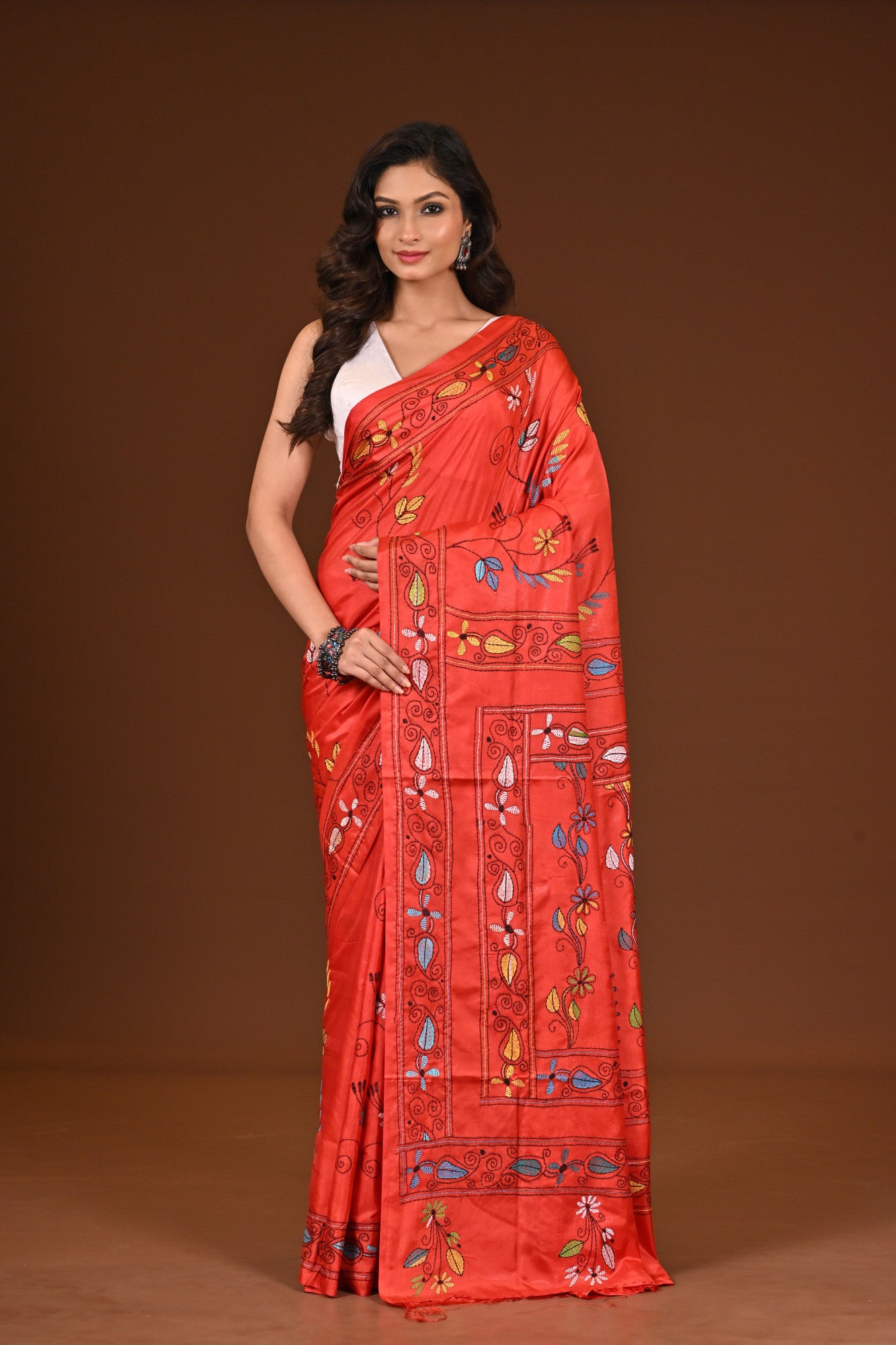 Blended Silk Kantha Stitch Saree Red