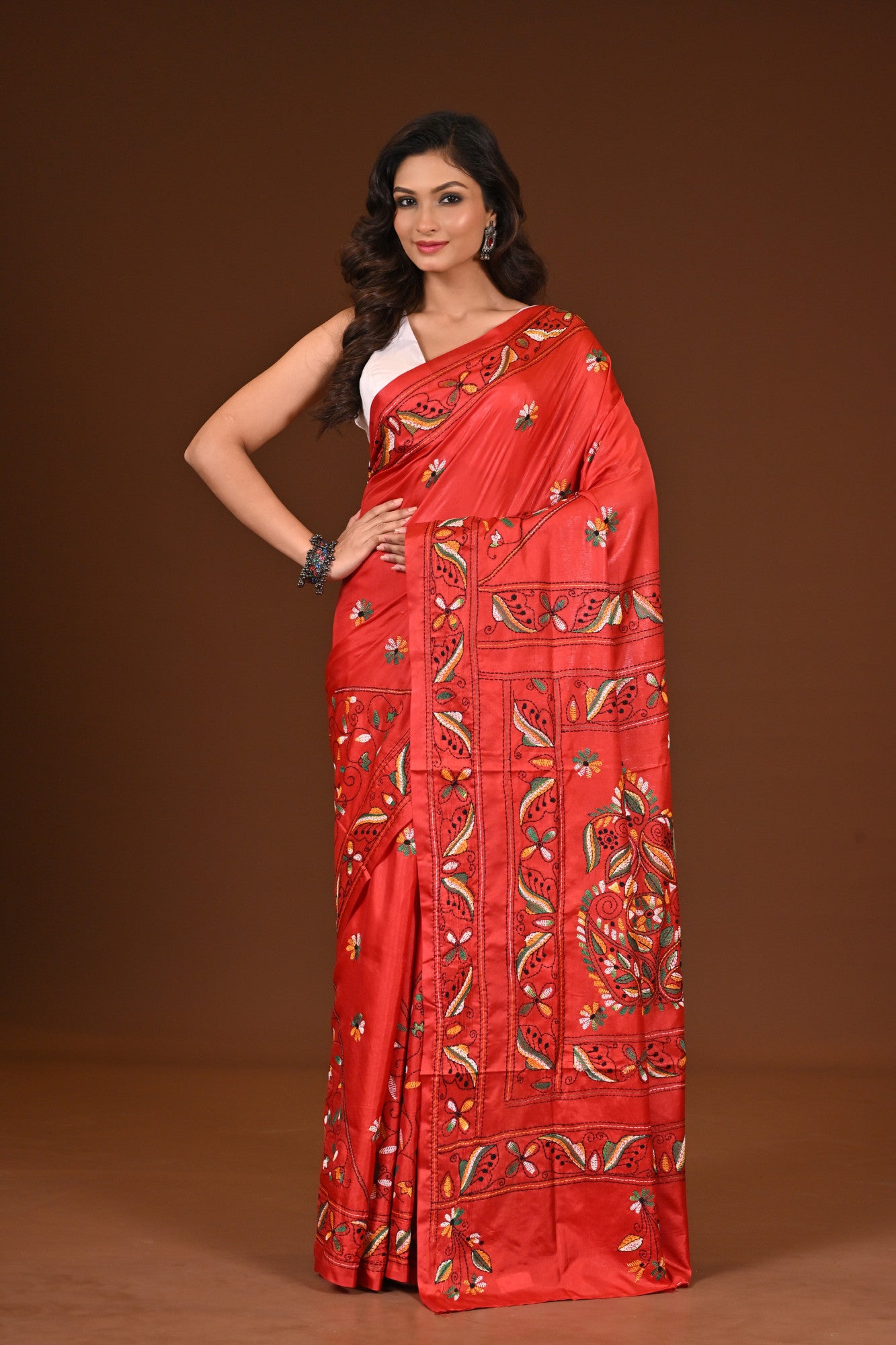 Blended Silk Kantha Stitch Saree Red Thumbnail