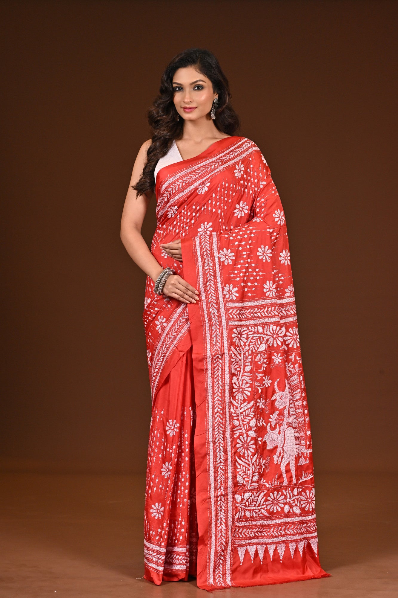 Blended Silk Kantha Stitch Saree Red