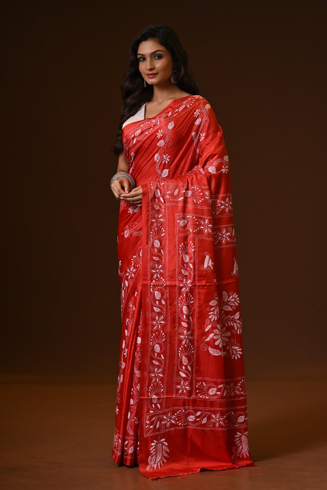 Blended Silk Kantha Stitch Saree Red Thumbnail