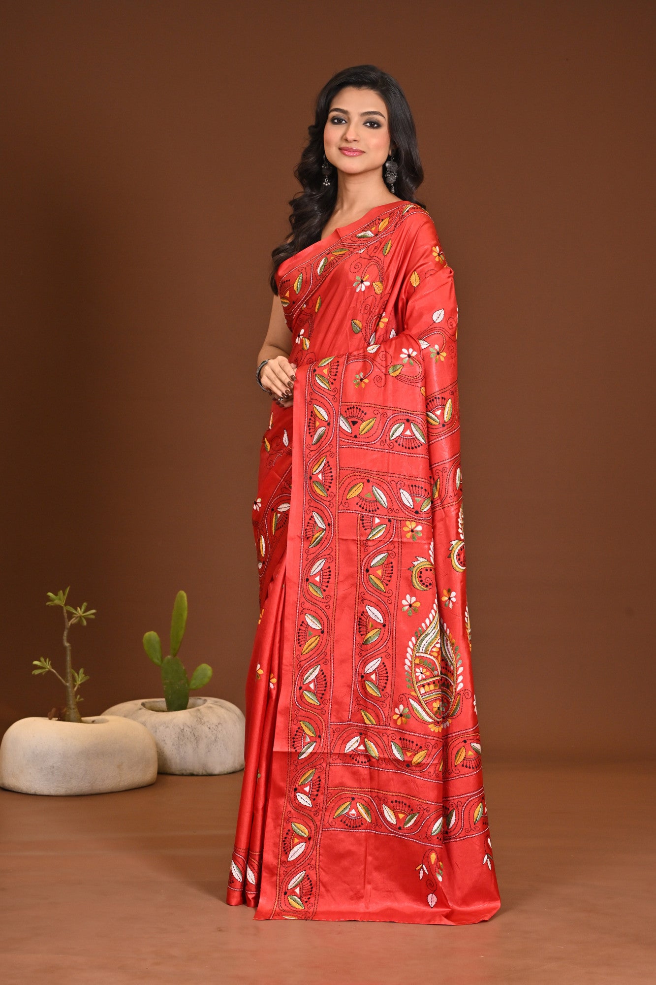 Blended Silk Kantha Stitch Saree Red
