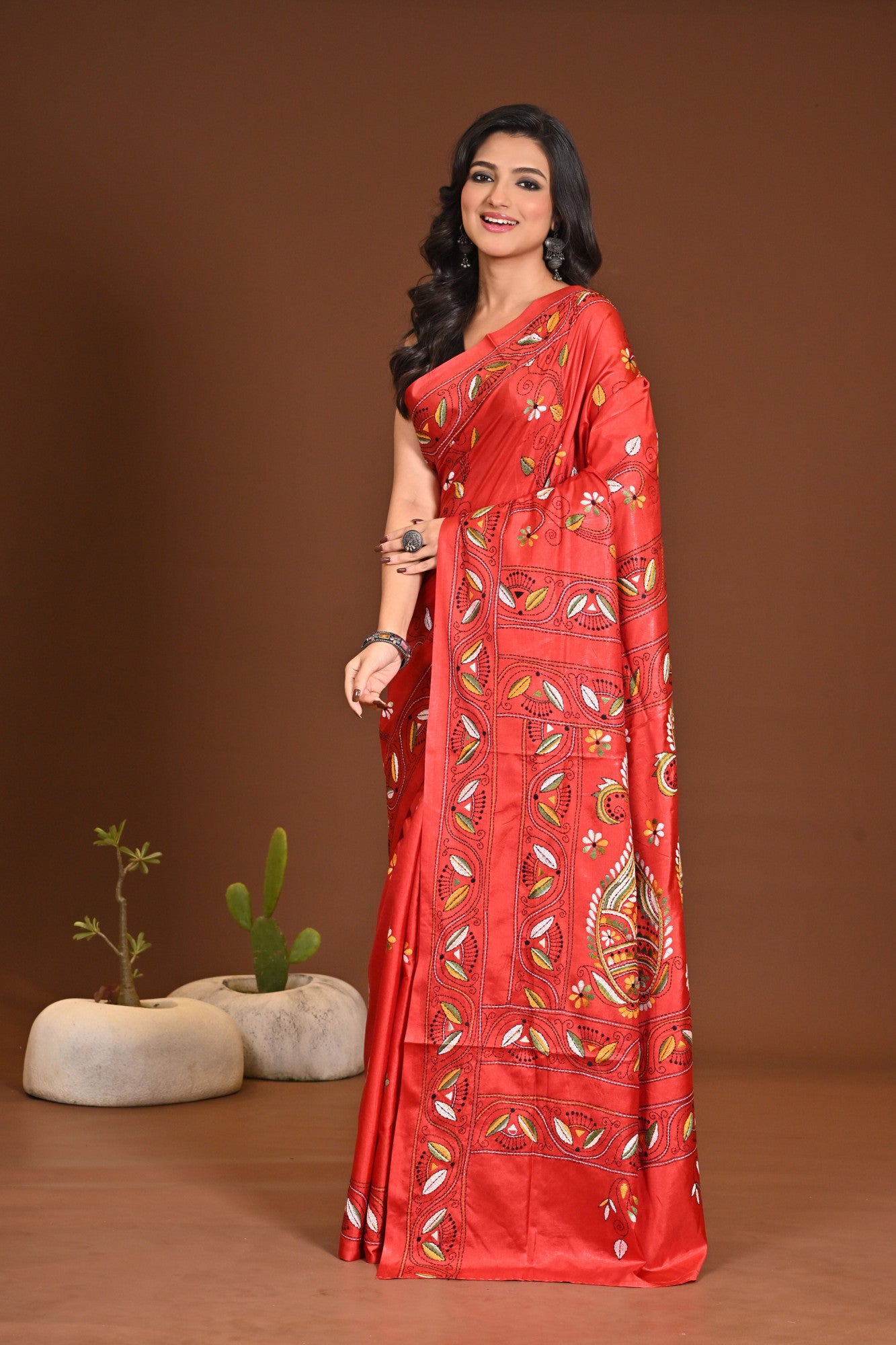 Blended Silk Kantha Stitch Saree Red Thumbnail