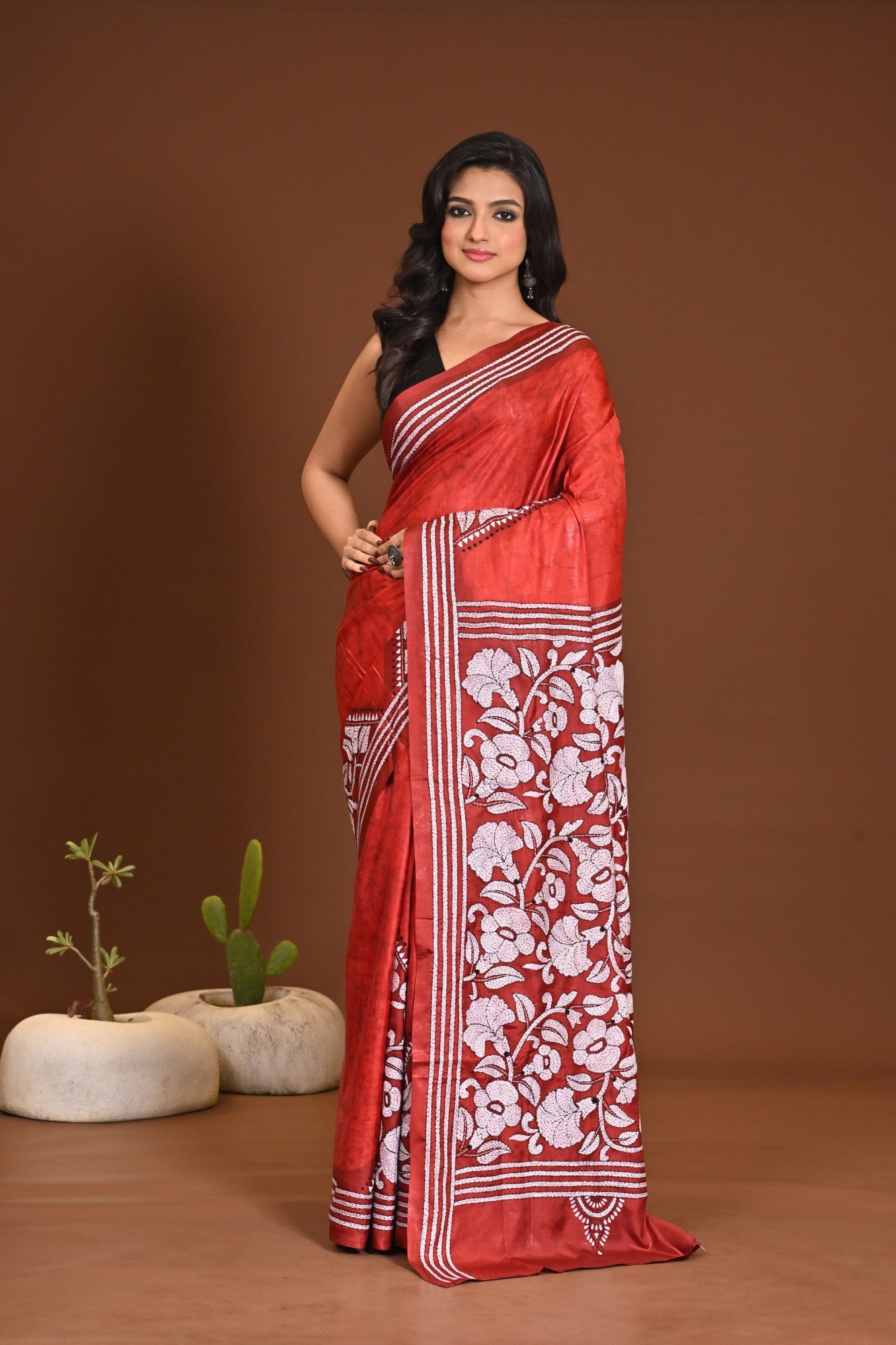 Blended Silk Kantha Stitch Saree Red