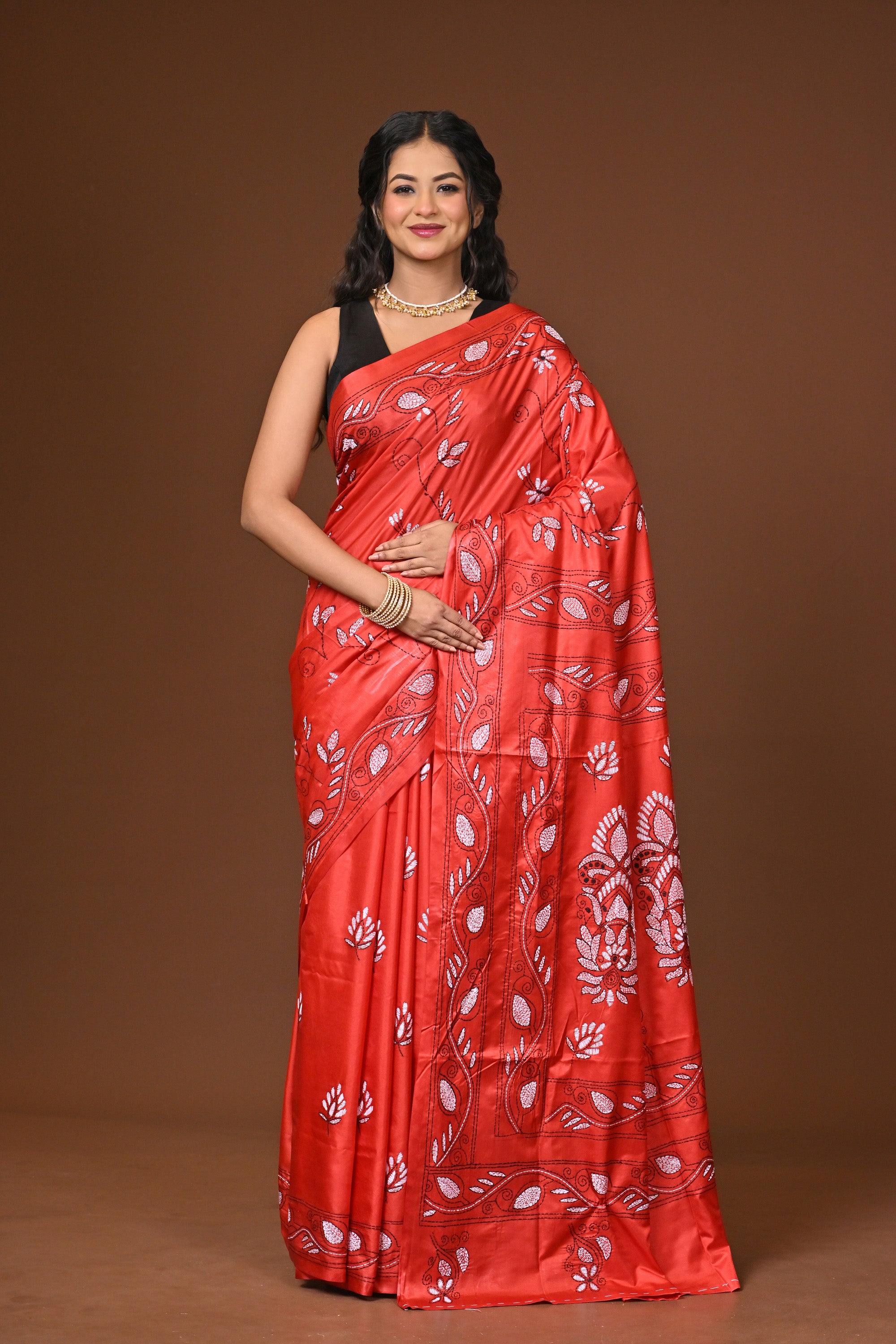 Blended Silk Kantha Stitch Saree Red