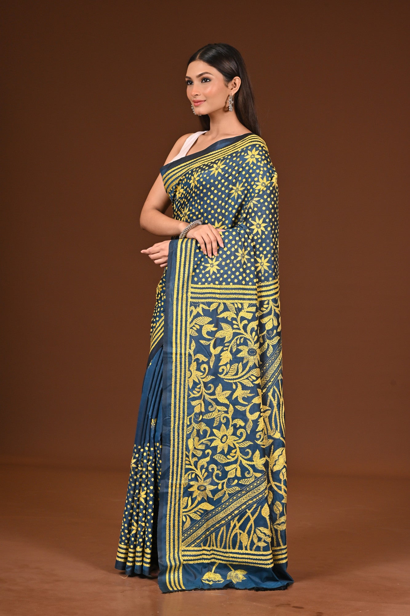 Blended Silk Kantha Stitch Saree Sea Blue Thumbnail