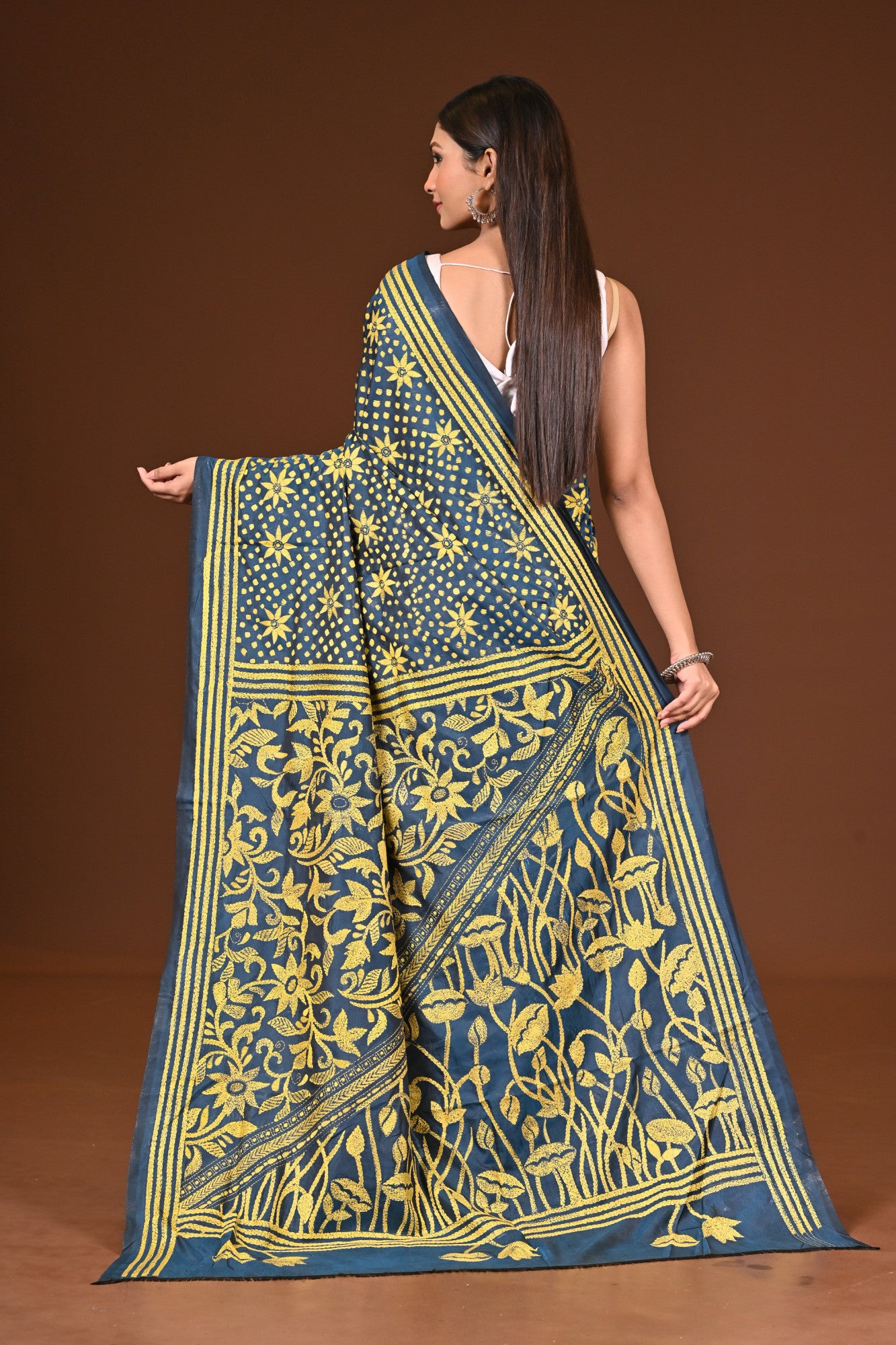 Blended Silk Kantha Stitch Saree Sea Blue Thumbnail