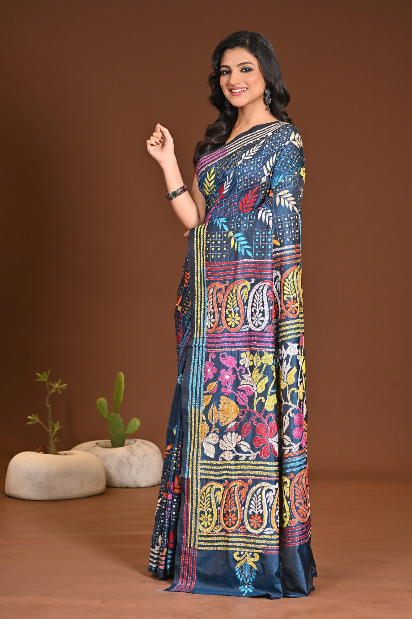 Blended Silk Kantha Stitch Saree Sea Blue Thumbnail