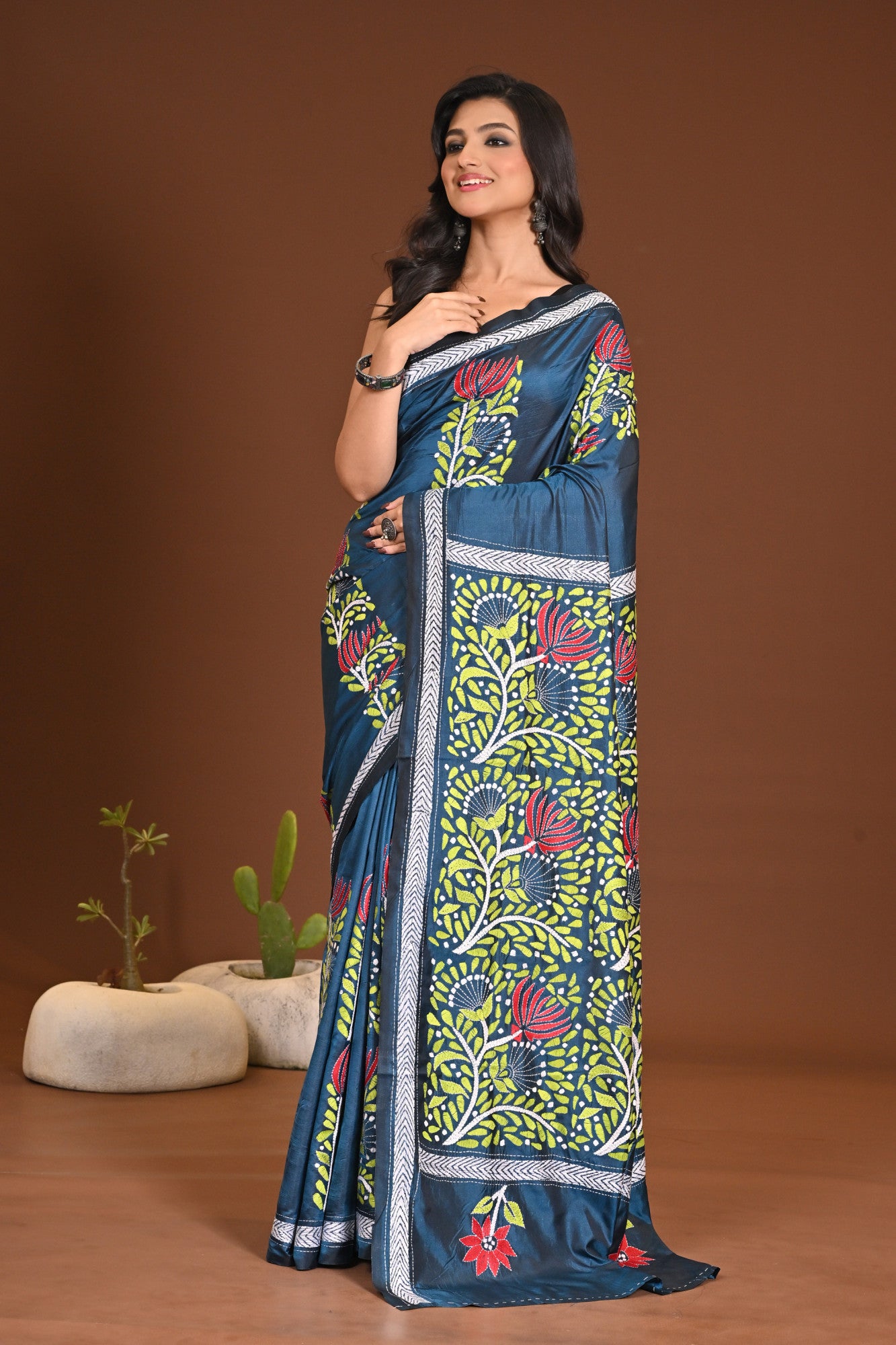 Blended Silk Kantha Stitch Saree Sea Green Thumbnail