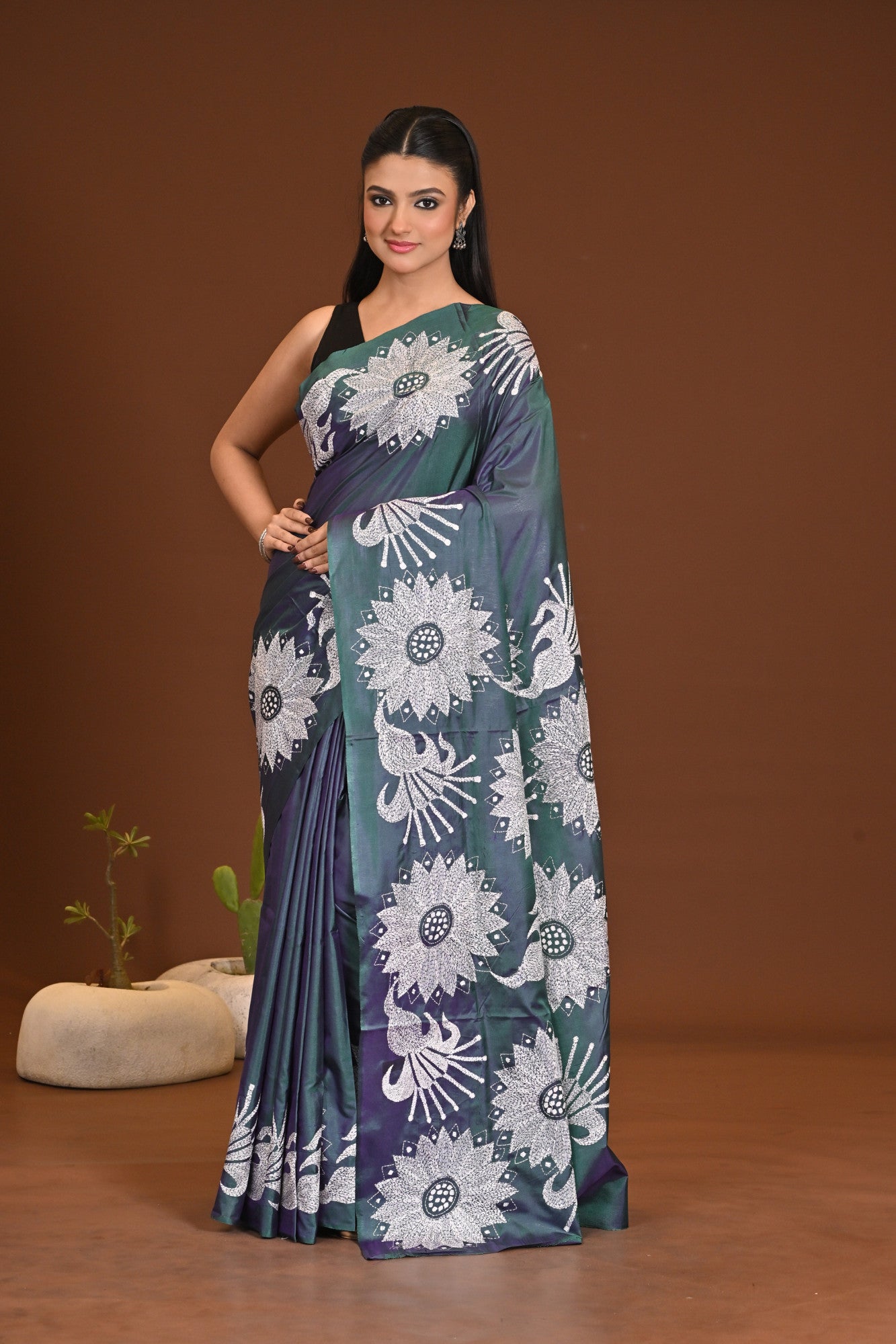 Blended Silk Kantha Stitch Saree Sea Green Thumbnail