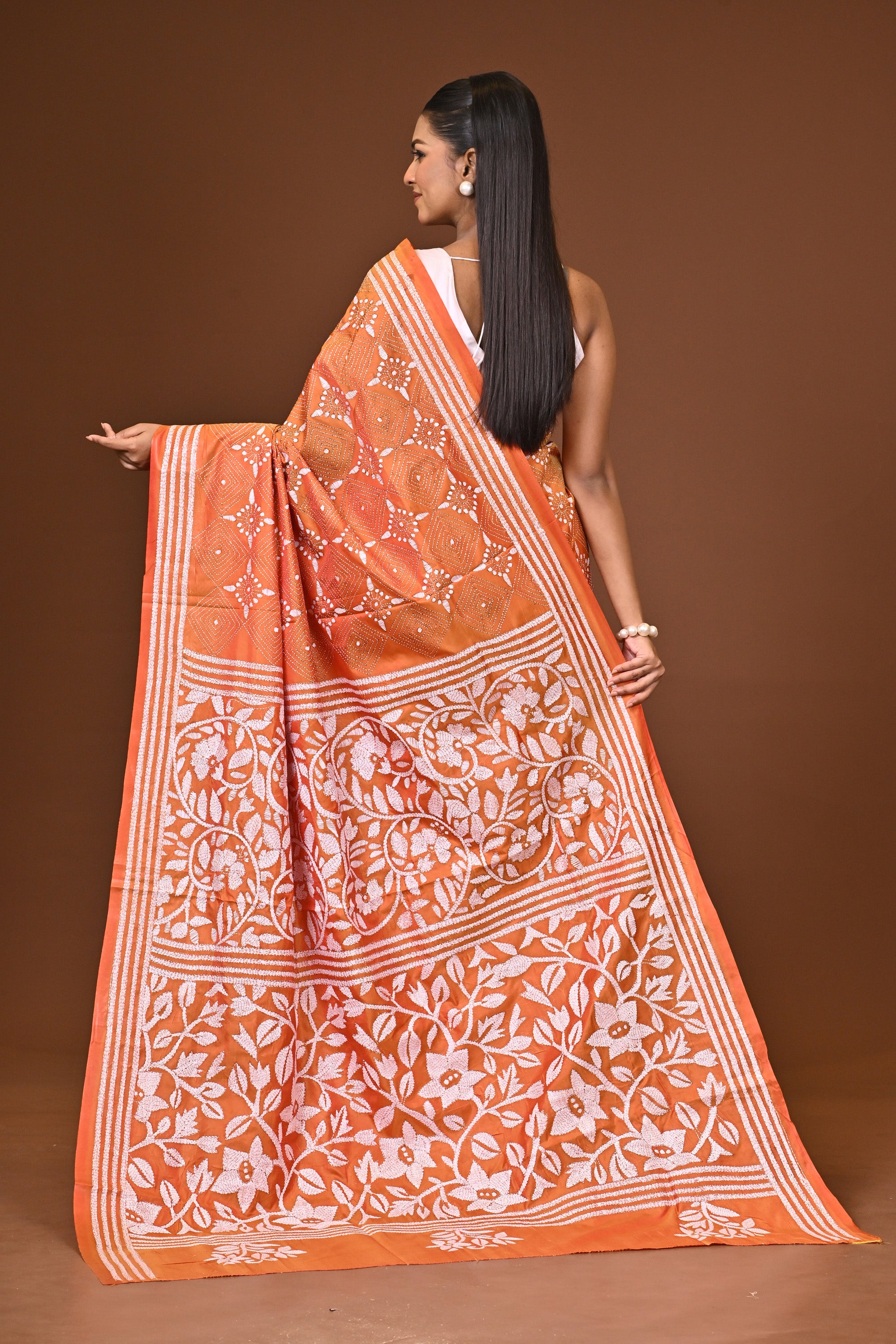 Blended Silk Kantha Stitch Saree Velvet Orange Thumbnail
