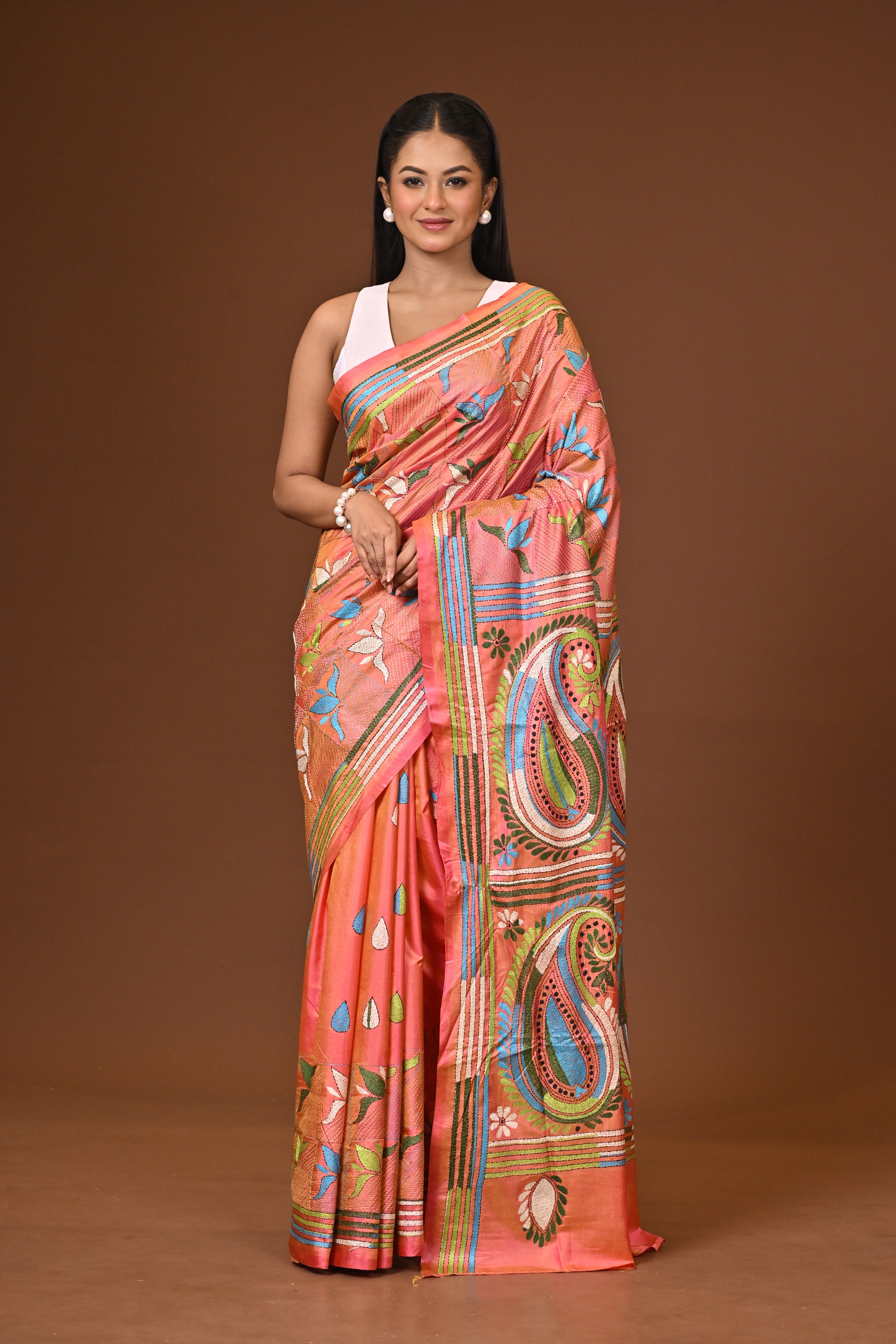 Blended Silk Kantha Stitch Saree Velvet Pink