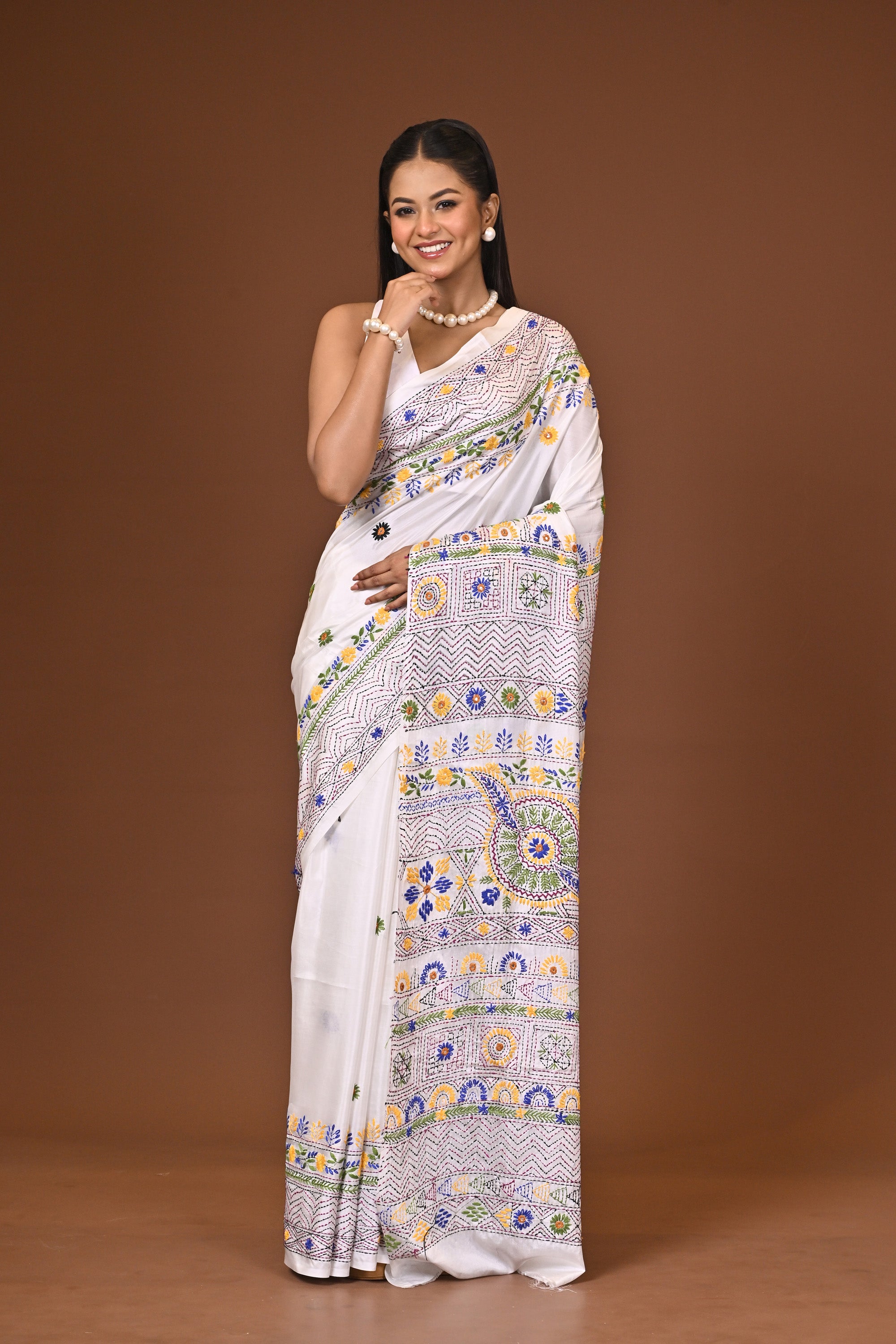 Blended Silk Kantha Stitch Saree White Thumbnail