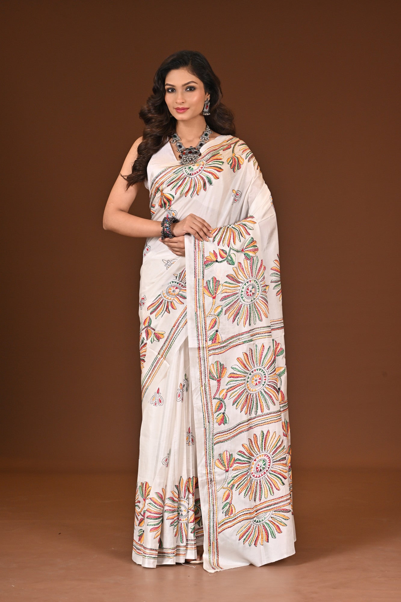 Blended Silk Kantha Stitch Saree White