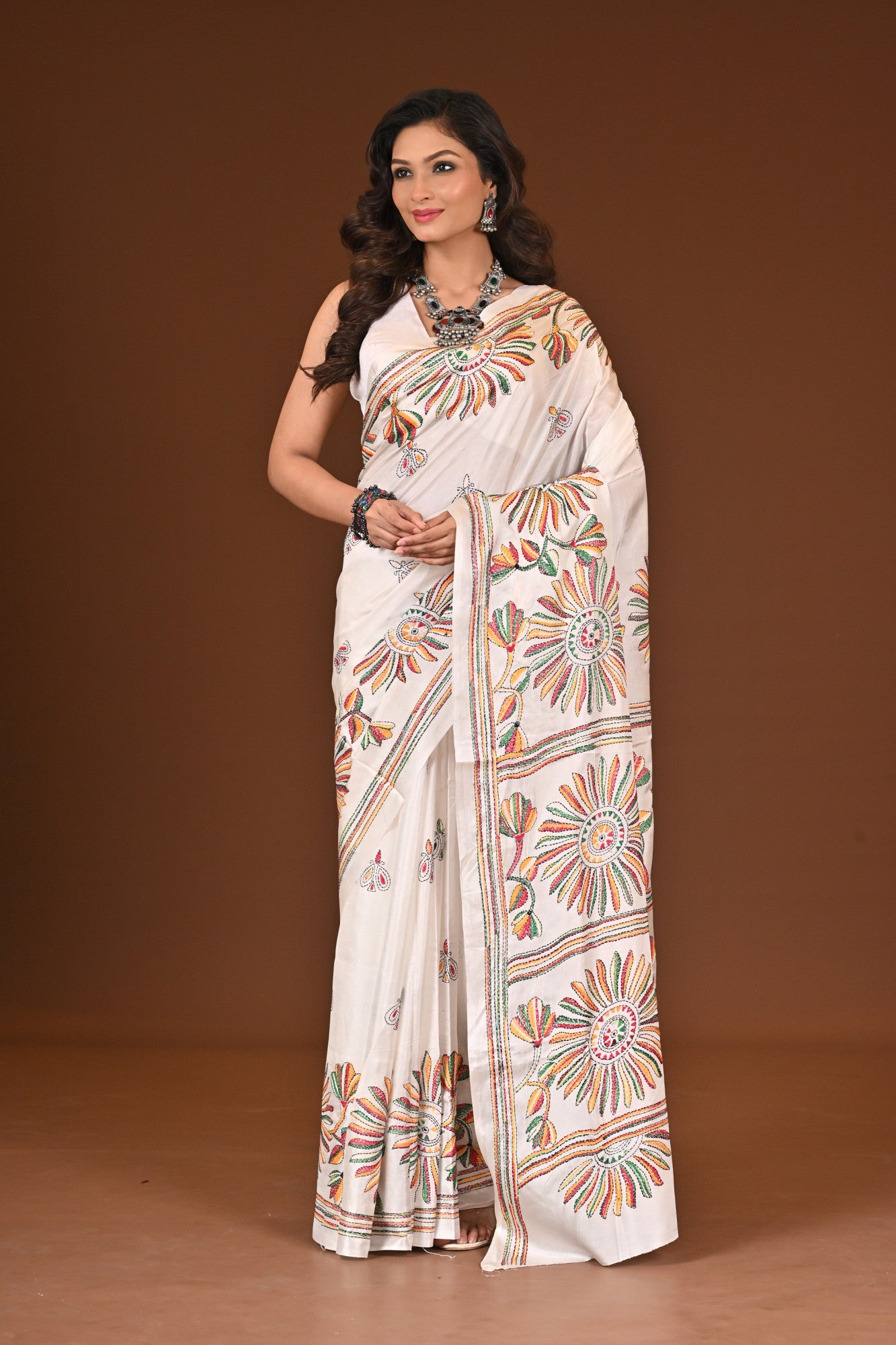 Blended Silk Kantha Stitch Saree White Thumbnail